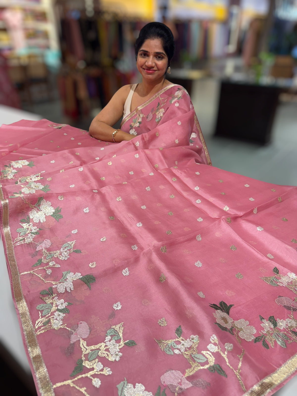 Onion Pink Pure Organza with jamdani inspired embroidery