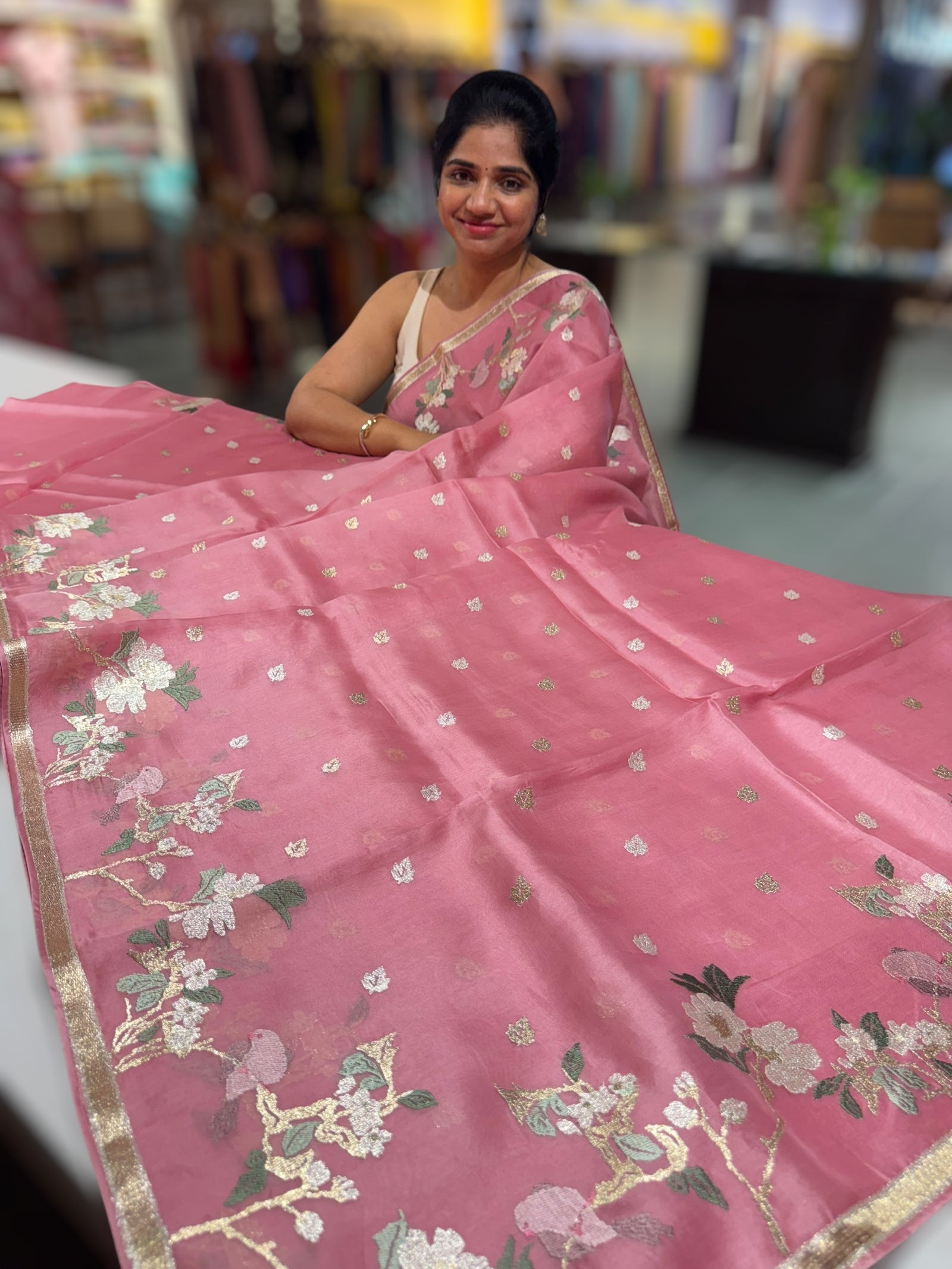 Onion Pink Pure Organza with jamdani inspired embroidery