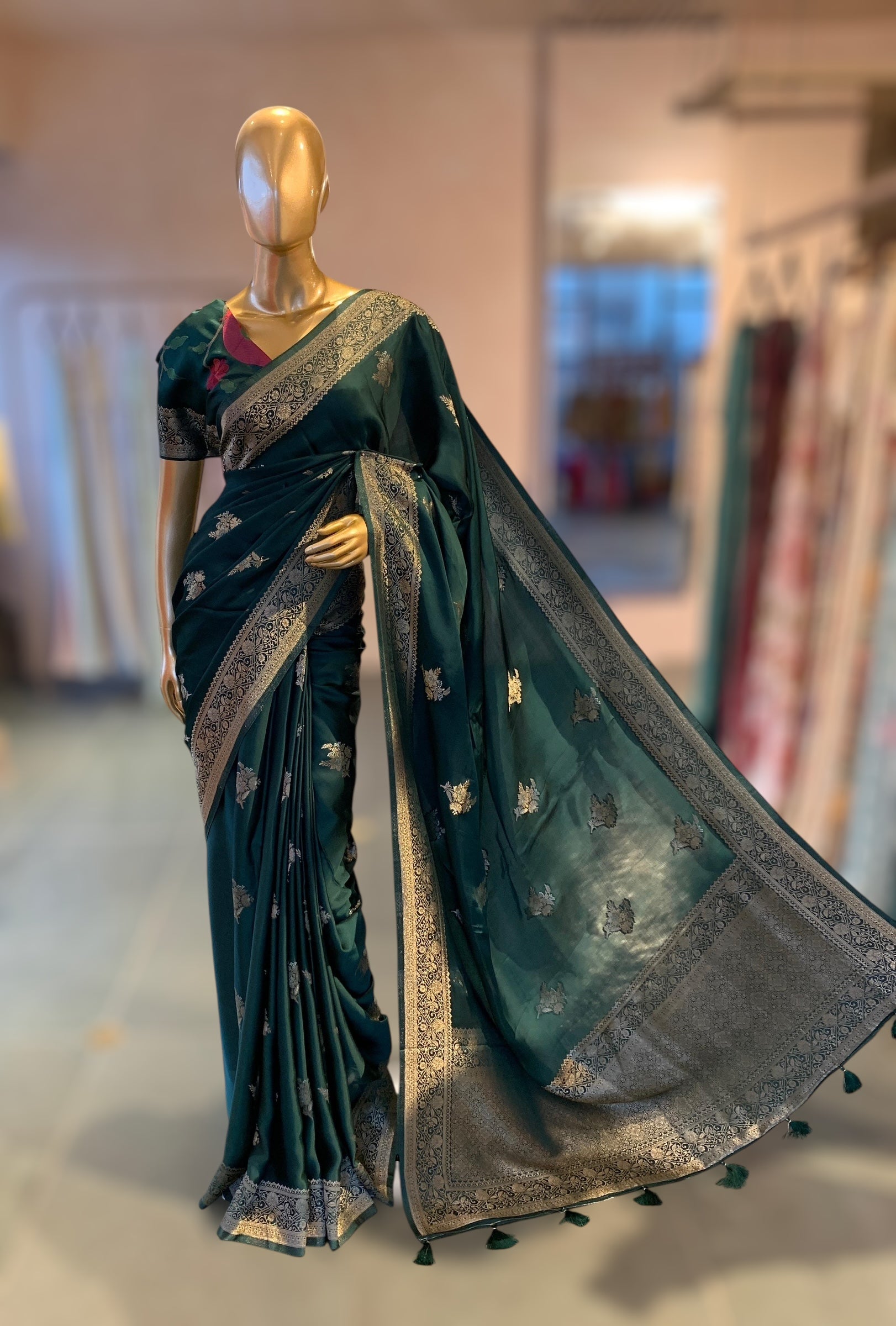 Forest Green Mashru Silk Saree with Paithani inspired embroidered blouse
