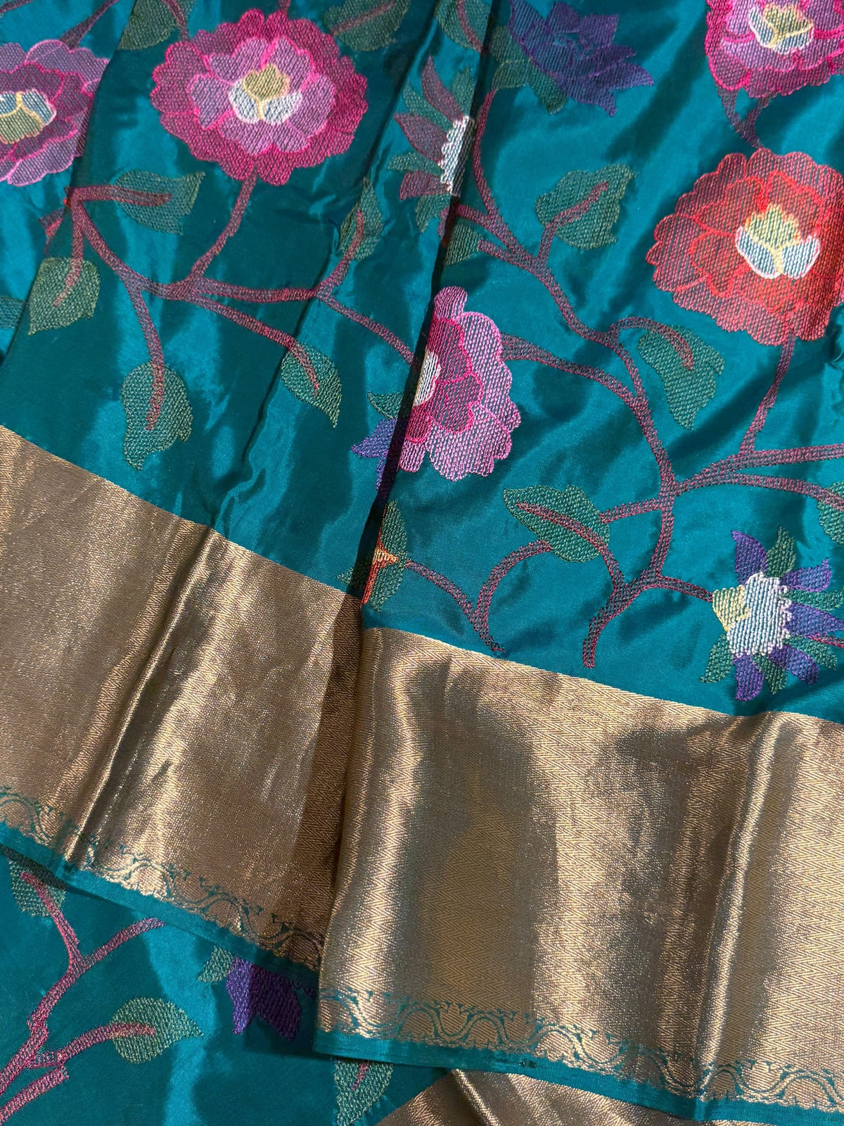Peacock Green Kanchi Soft Silk Saree with allover jamdani inspired embroidery