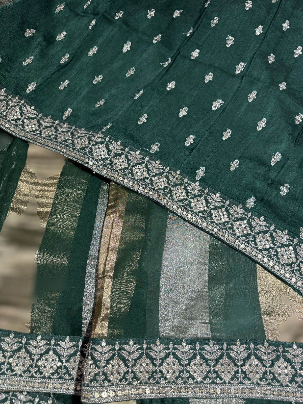 Forest Green kora tissue stripes saree