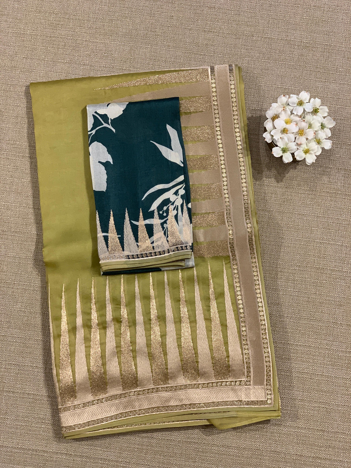 Lime Pure Organza With Temple Embroidered Border & Tussar Printed Blouse
