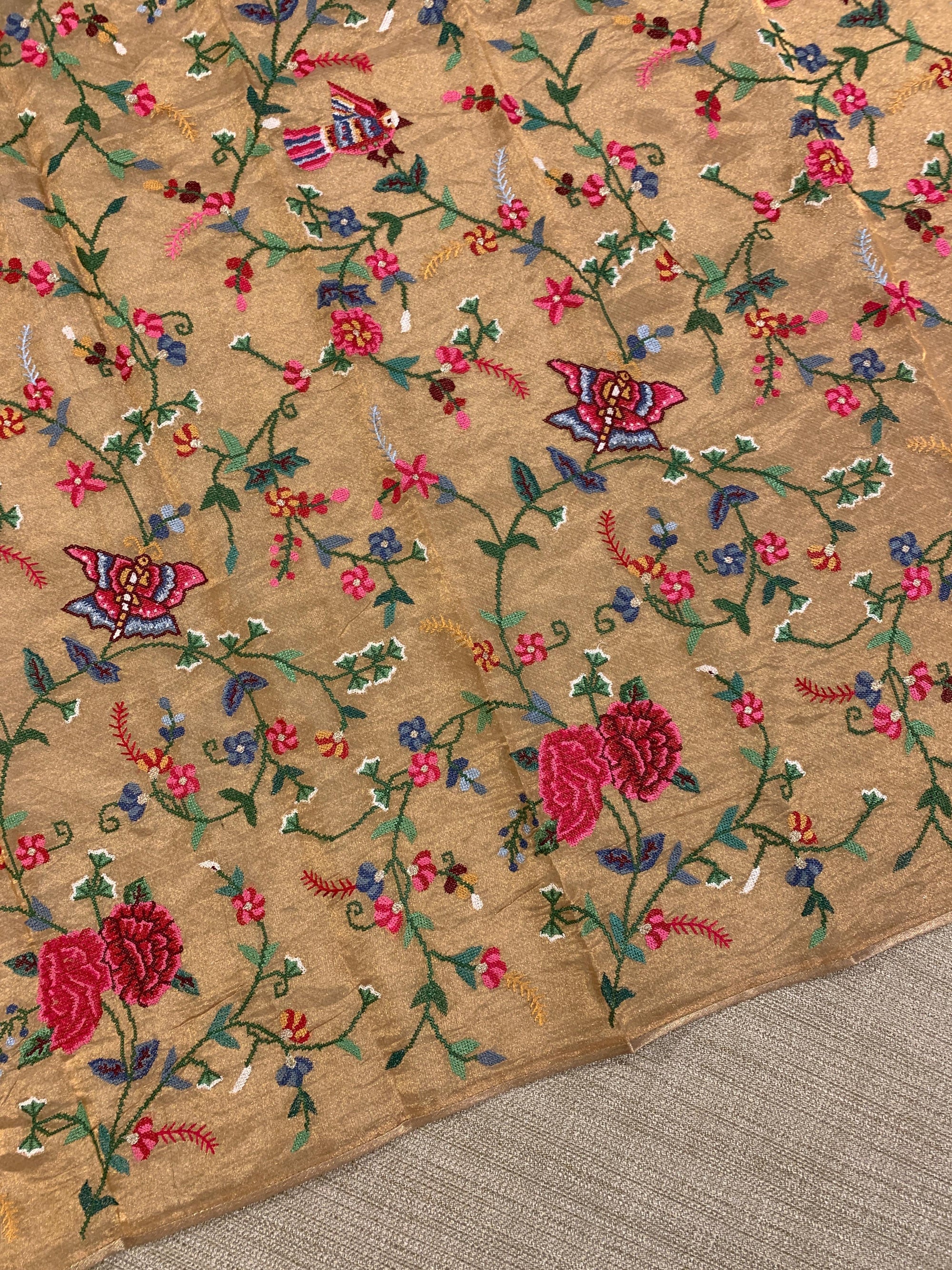 Earthy Grey Kora tissue stripes Saree with Nandi embroidered tissue border