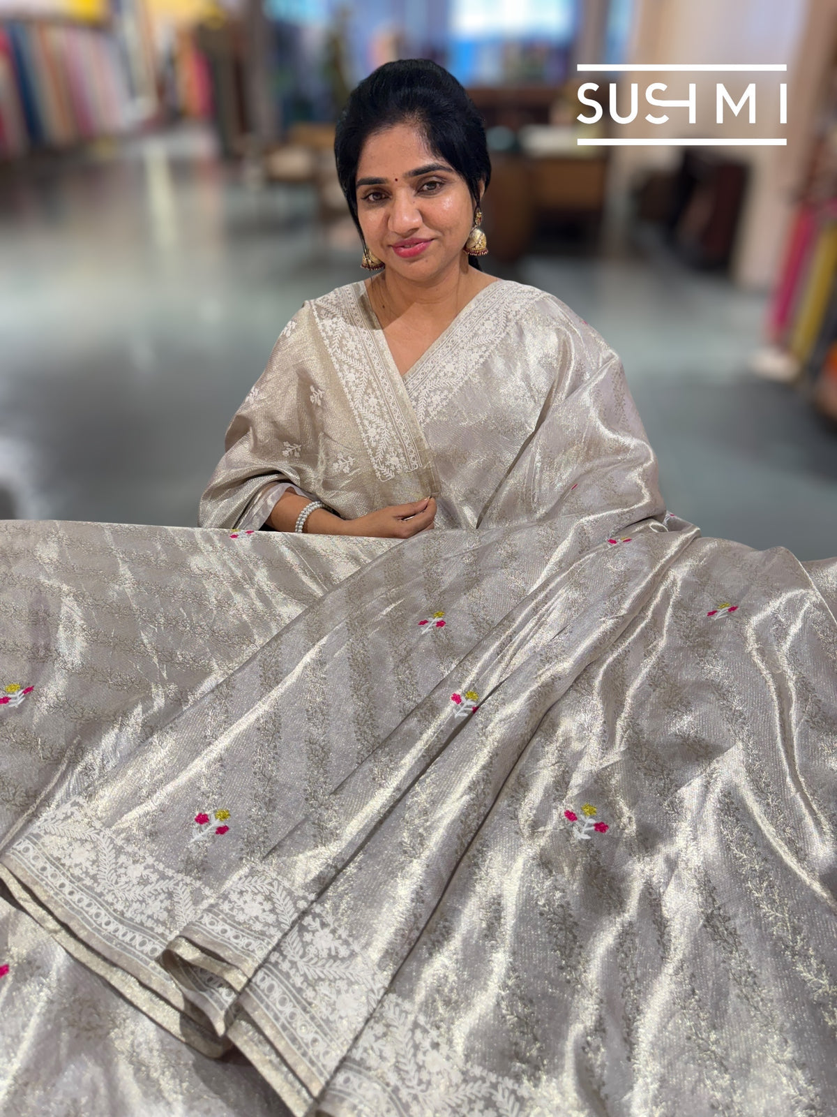 Silver Tissue Brocade Kanjeevaram with embroidery D62F038
