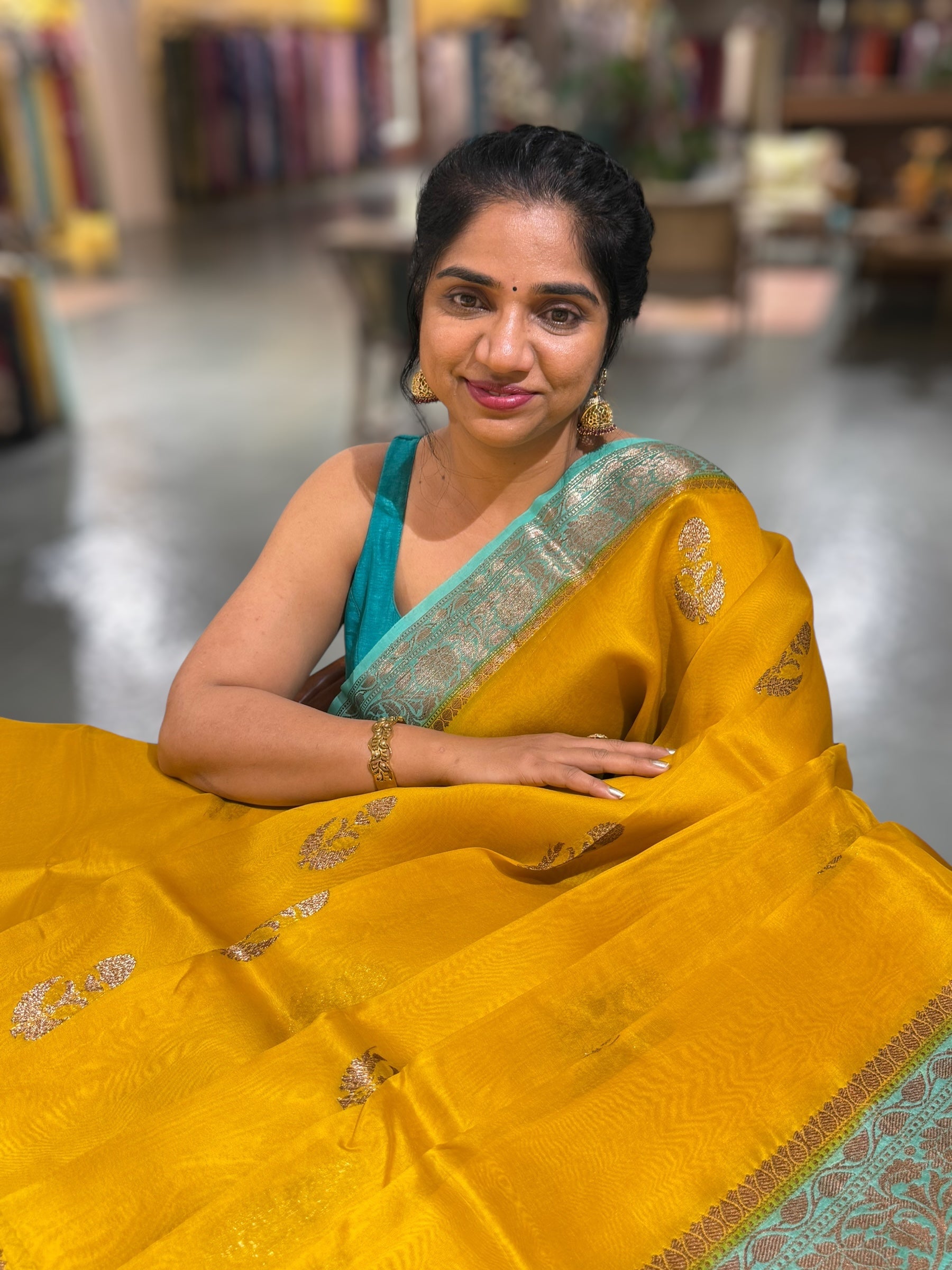 Yellow & Teal Pure Handloom Kora Banarasi Saree