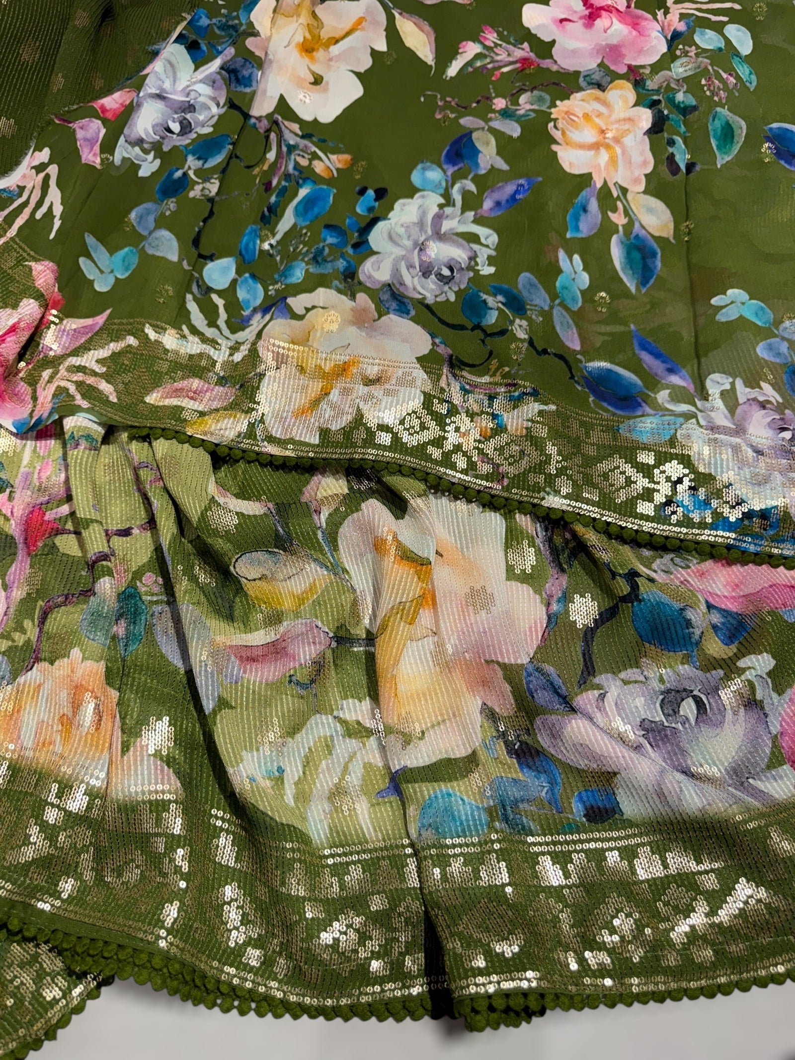 Mehendi Green georgette sequence saree with statement floral print