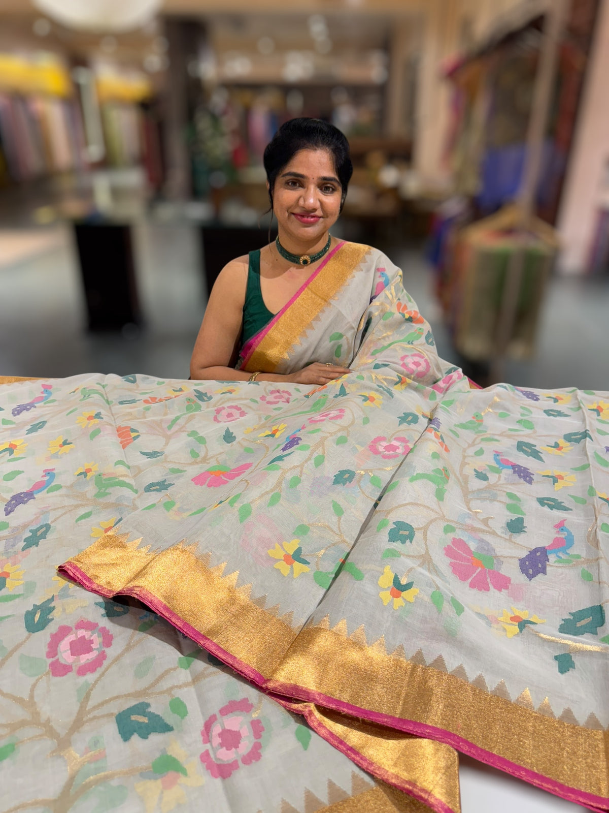 Ponduru Khadi Jamdani Allover multi Meenakari Weaving Saree With Premium 60/60 Count