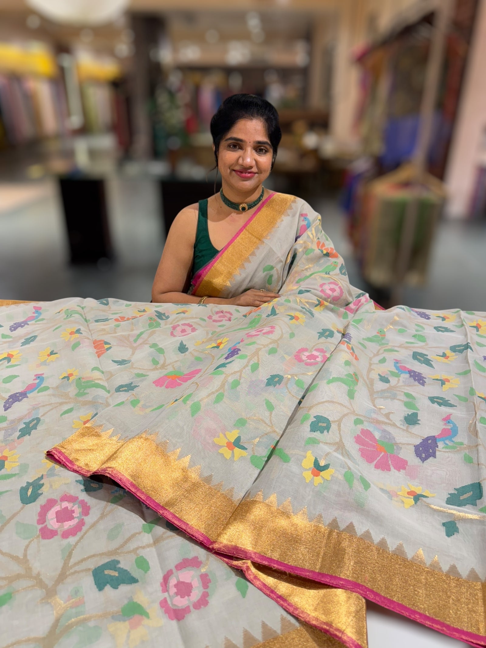 Ponduru Khadi Jamdani Allover multi Meenakari Weaving Saree With Premium 60/60 Count