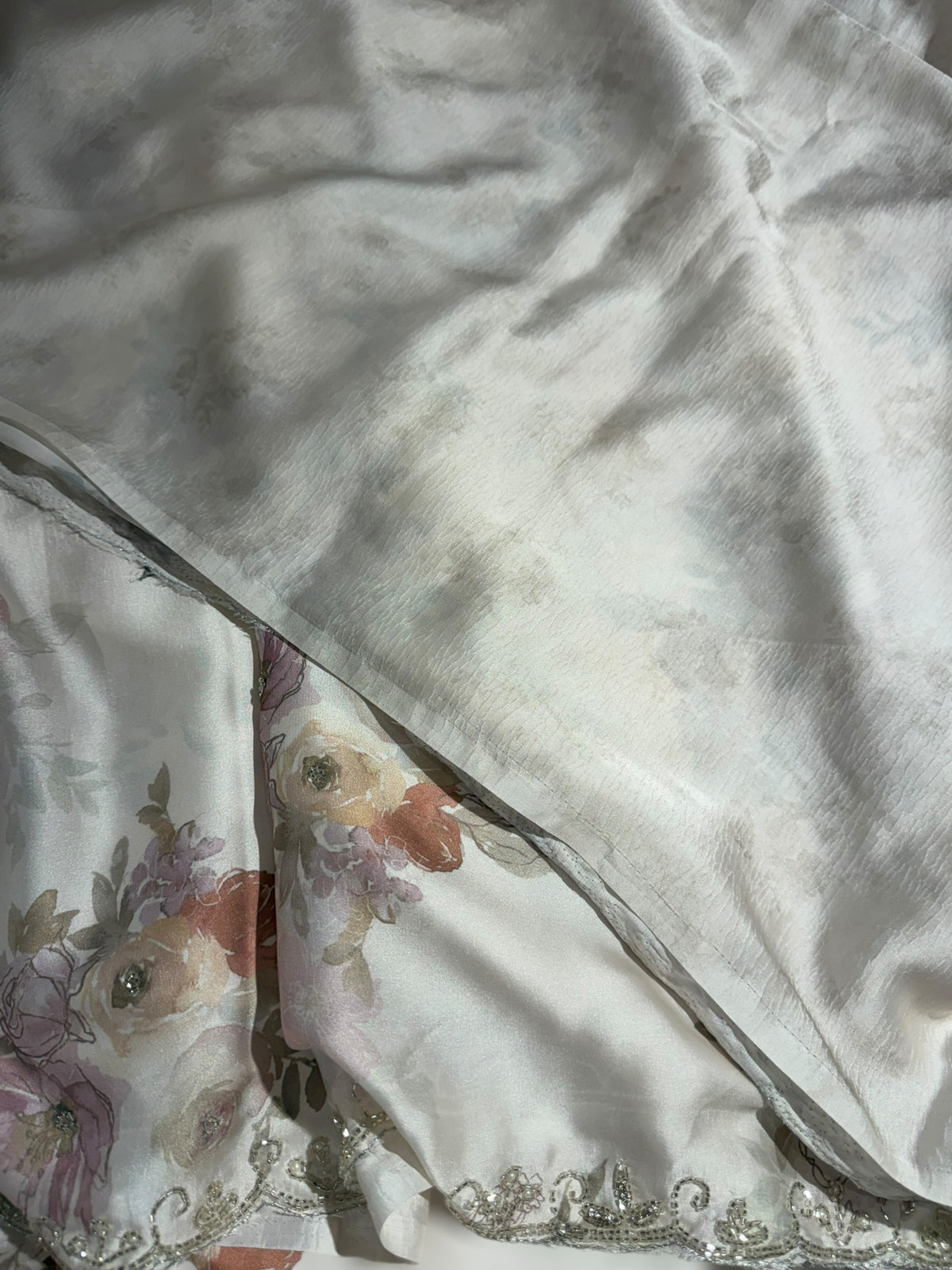 Pastel tone Pure chinnon crepe printed saree with handwork border