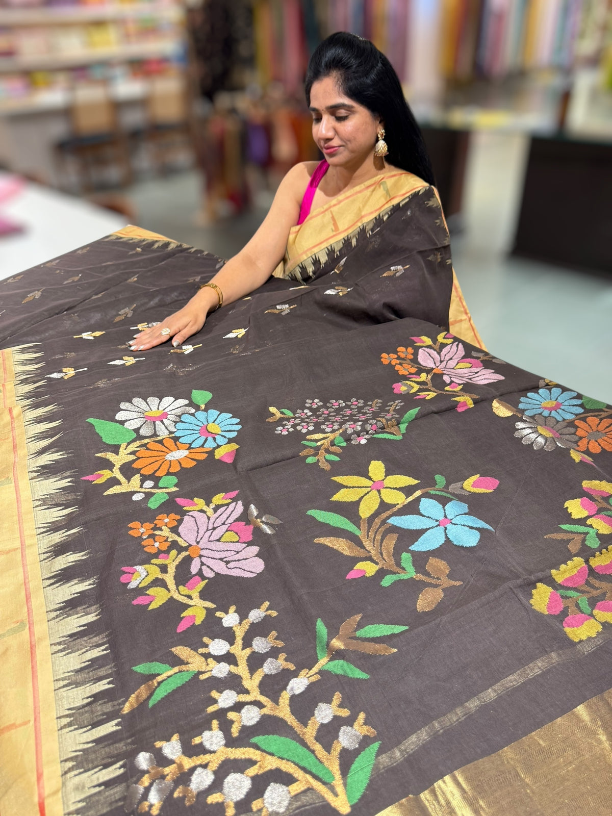 Darkest Brown  Pure  handloom Ponduru Khadi jamdani Saree with heavy pallu