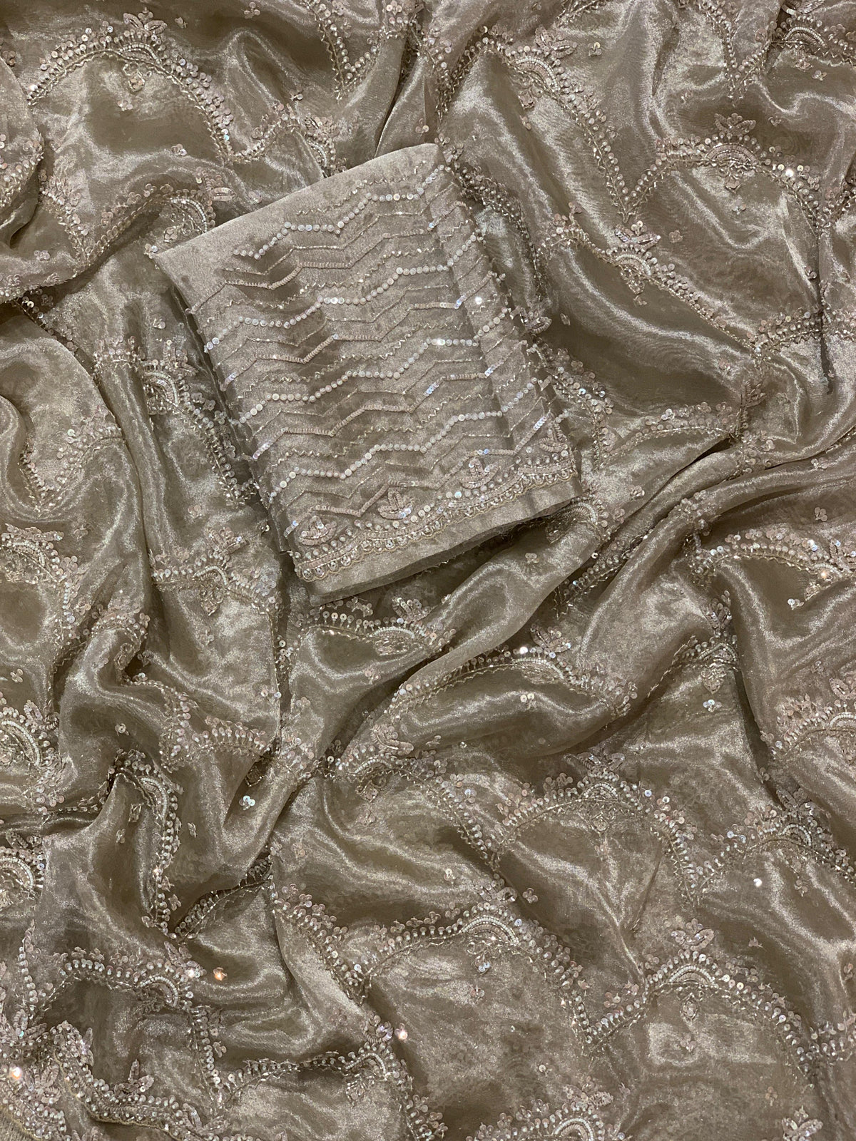 Nude tissue saree with heavy allover intricate handwork