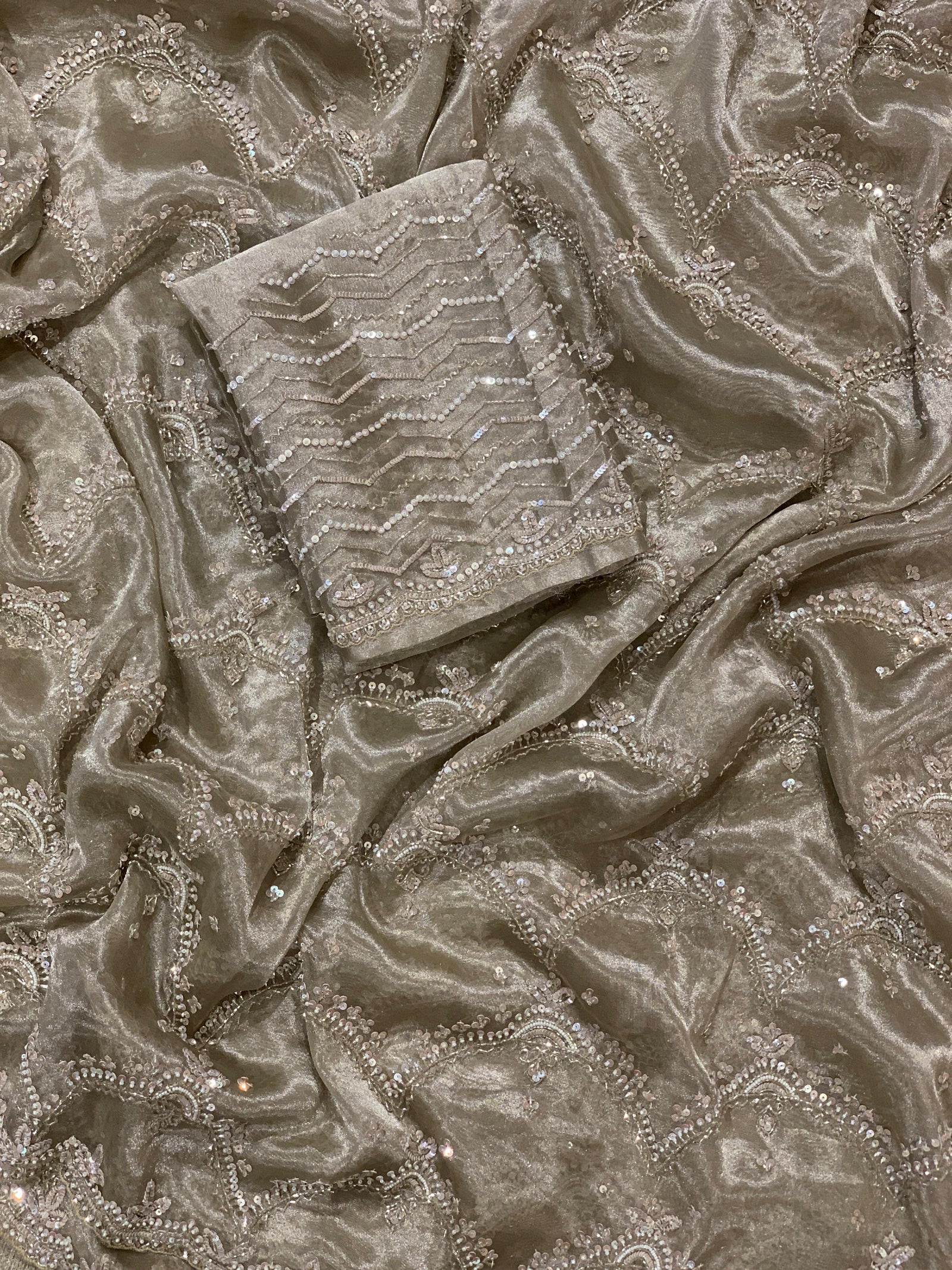 Nude tissue saree with heavy allover intricate handwork