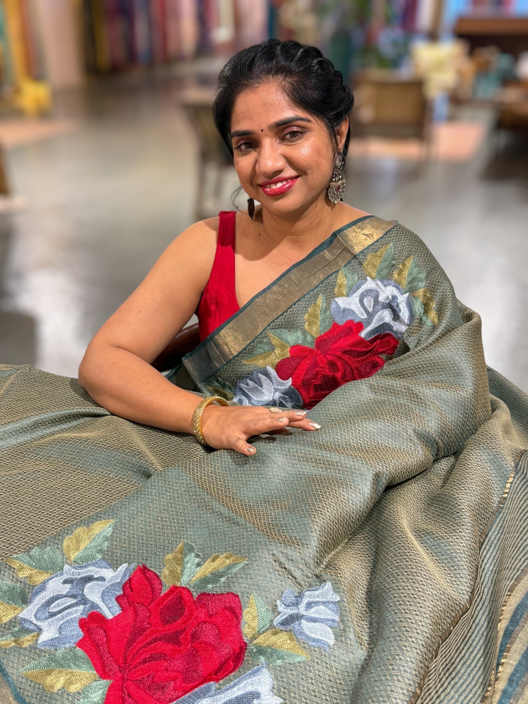 Sage Green Tussar Brocade Saree With Statement Red Rose Embroidery.