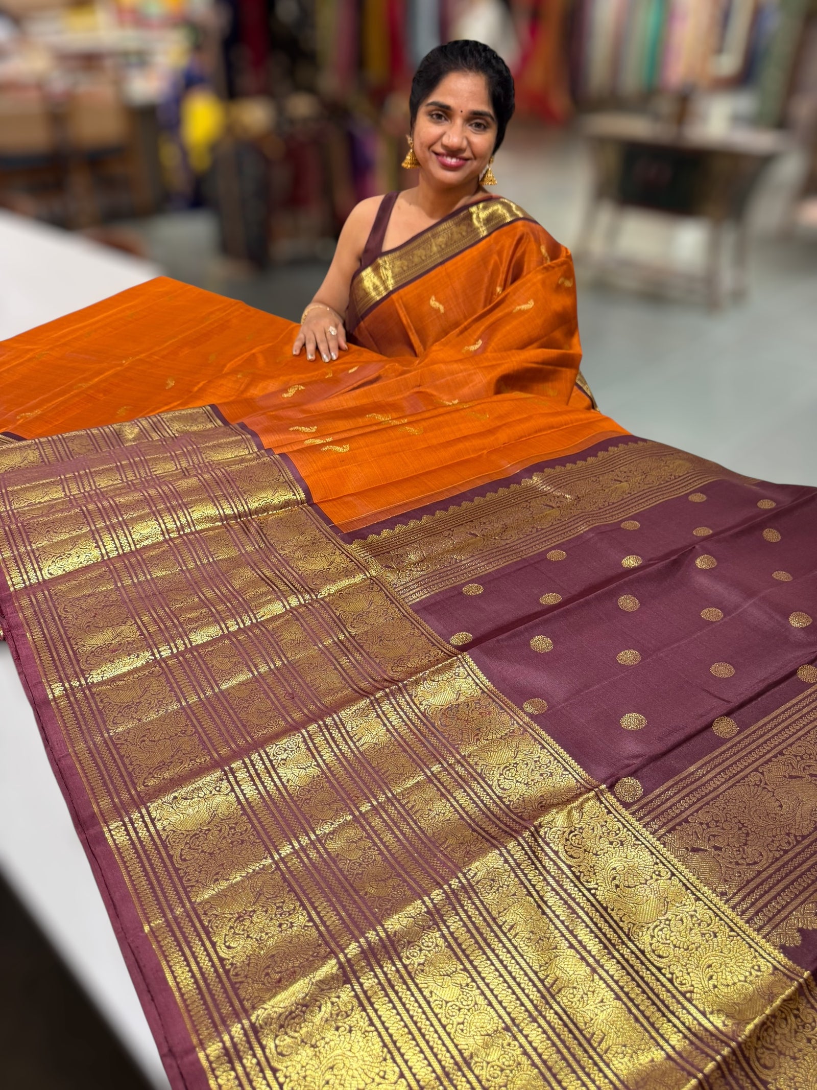 Rust Orange and Winish Brown Vintage Kanchipuram heavy Skirt border Saree