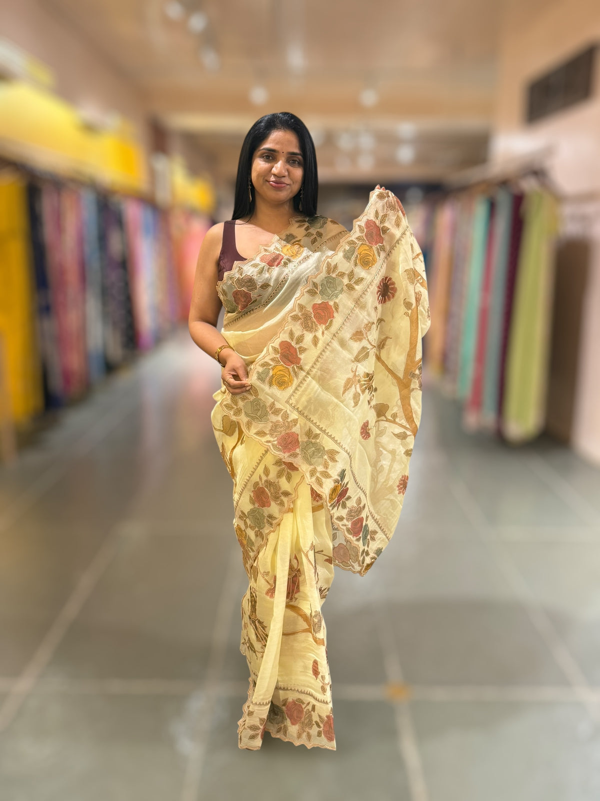 Pastel Yellow Pure Organza Applique Work Saree