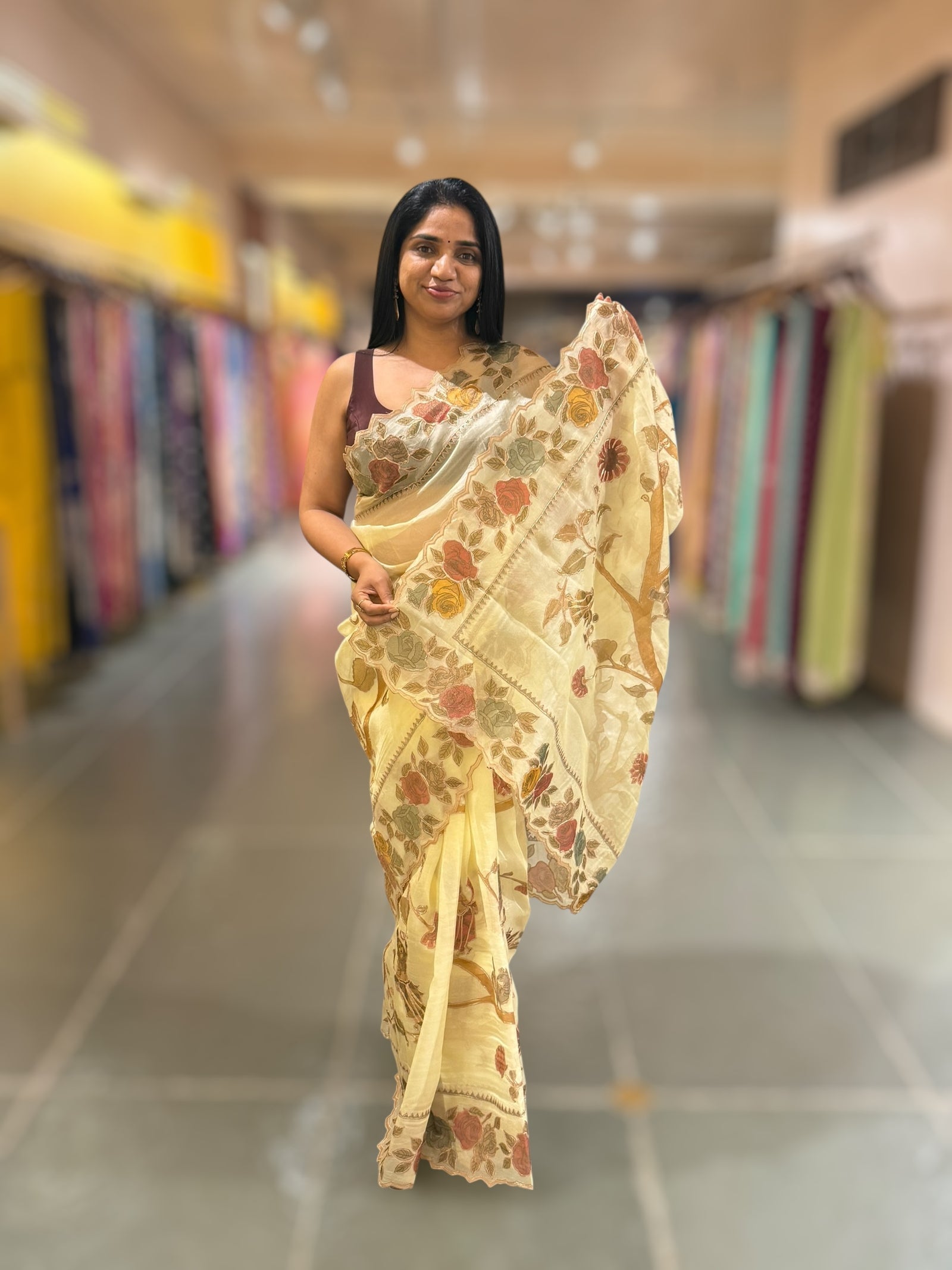 Pastel Yellow Pure Organza Applique Work Saree