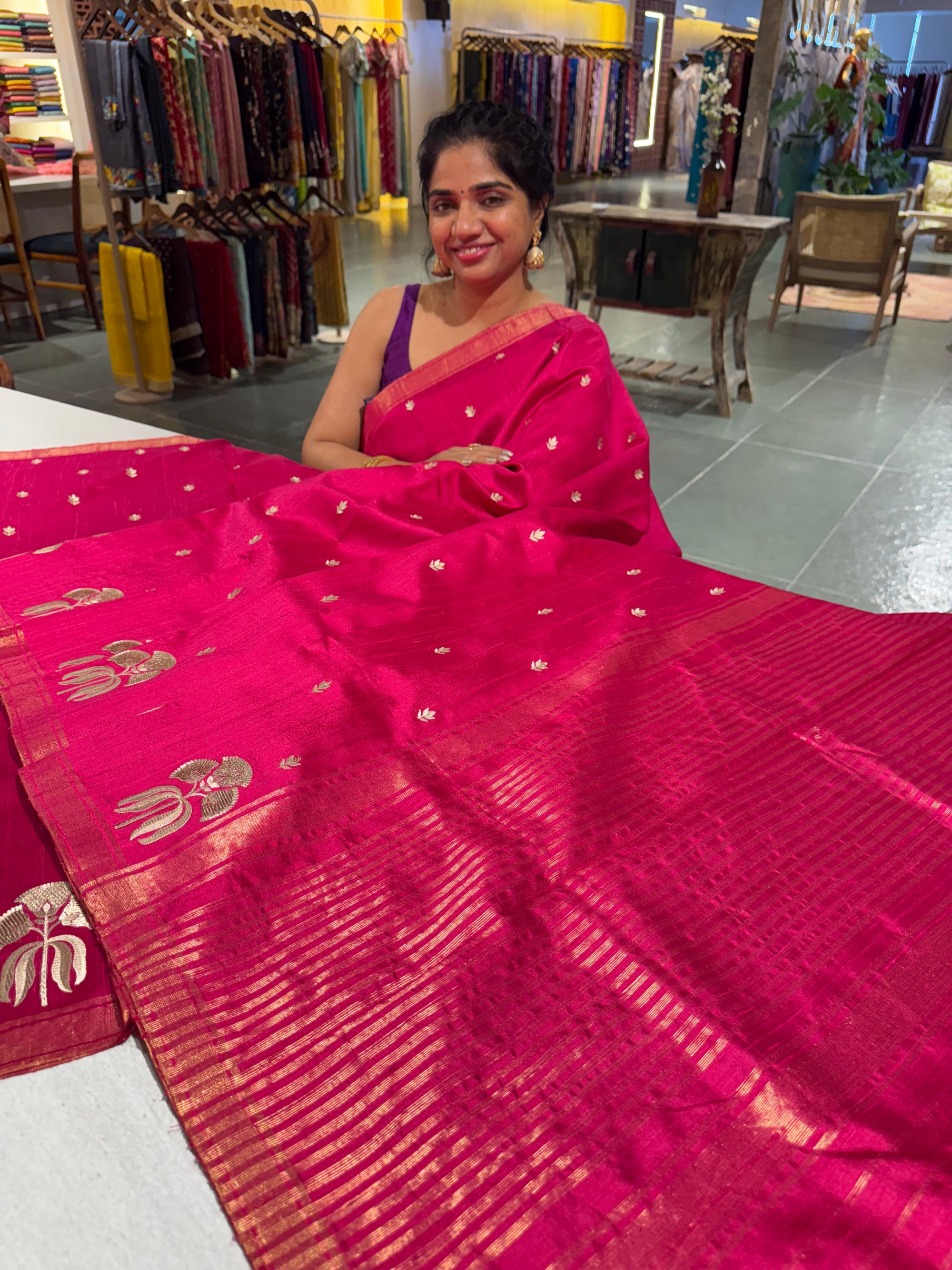 Dark Pink Pure Handloom Raw Silk Saree