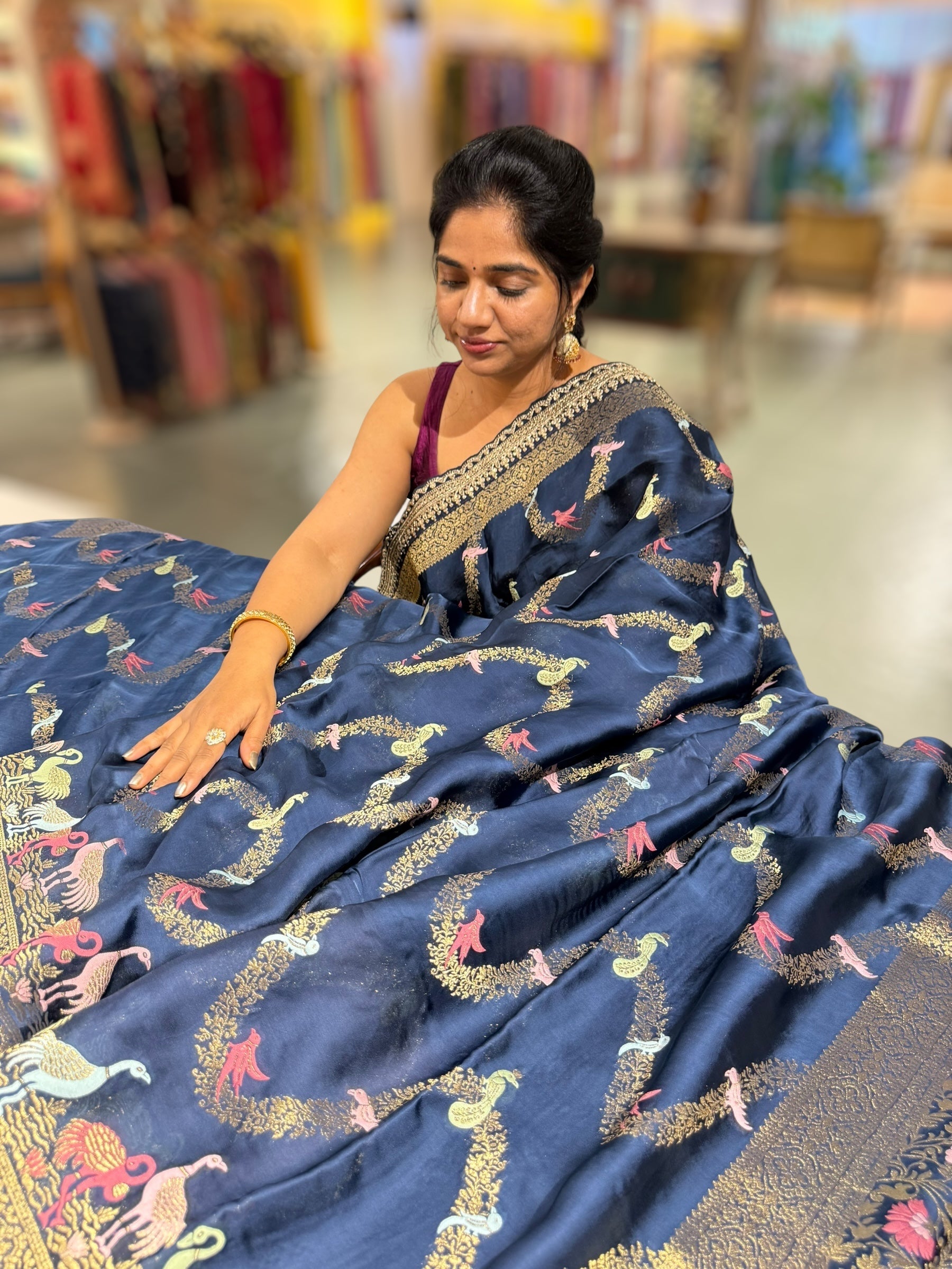 Midnight Blue Mashru Silk Saree with allover weaving and Sahbysachi borders and Blouse
