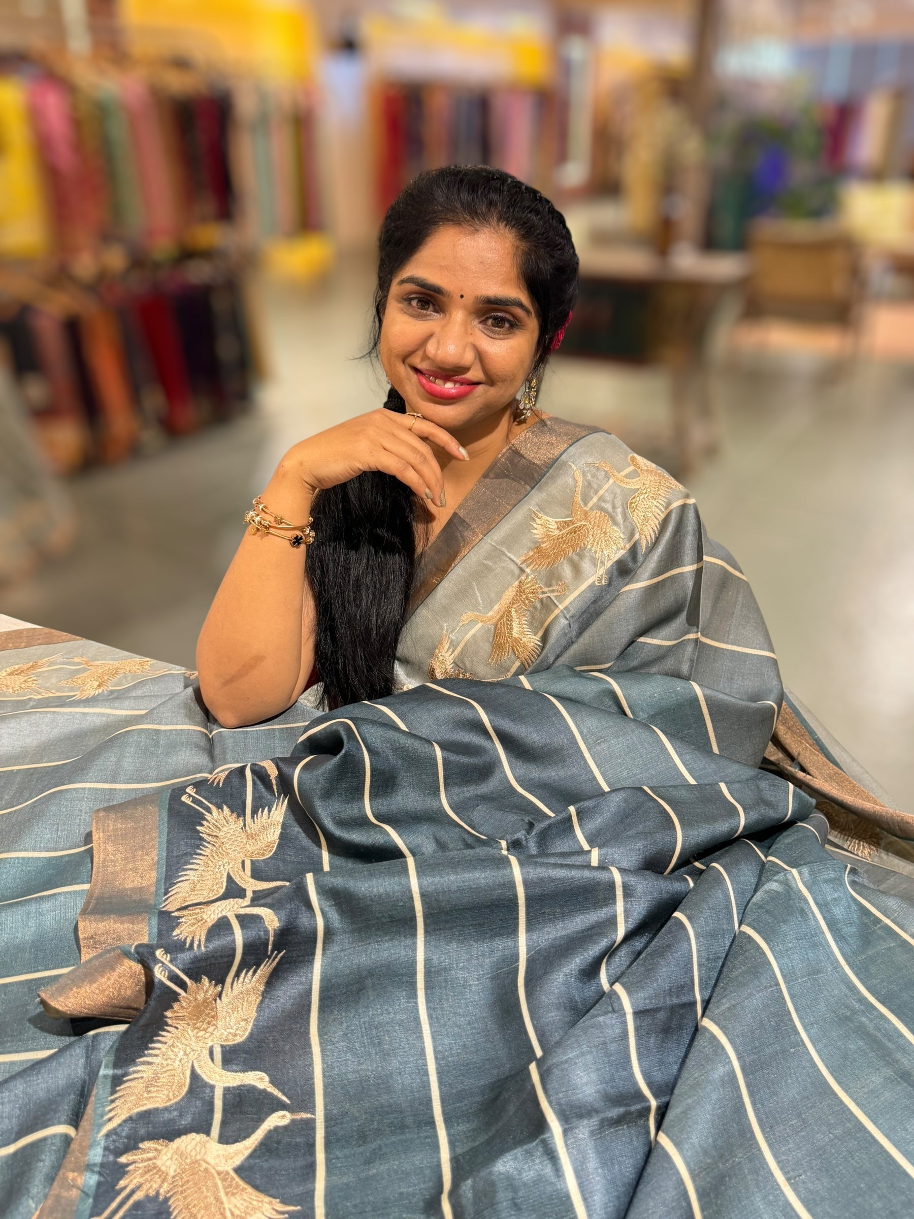 Tussar Rangkaat Saree With Crane Bird  Embroidered Border