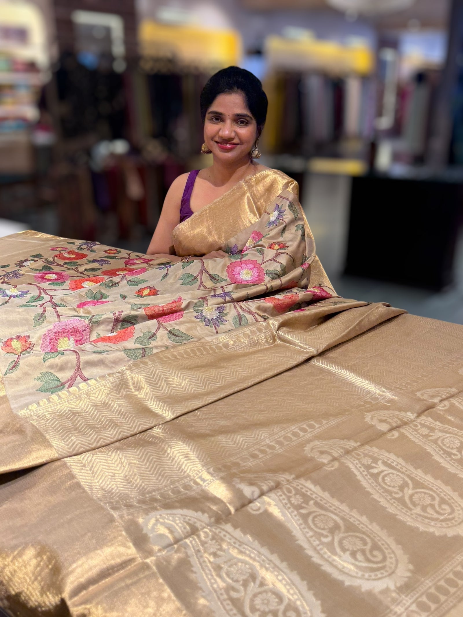Beige Kanchi Soft Silk Saree with allover jamdani inspired embroidery