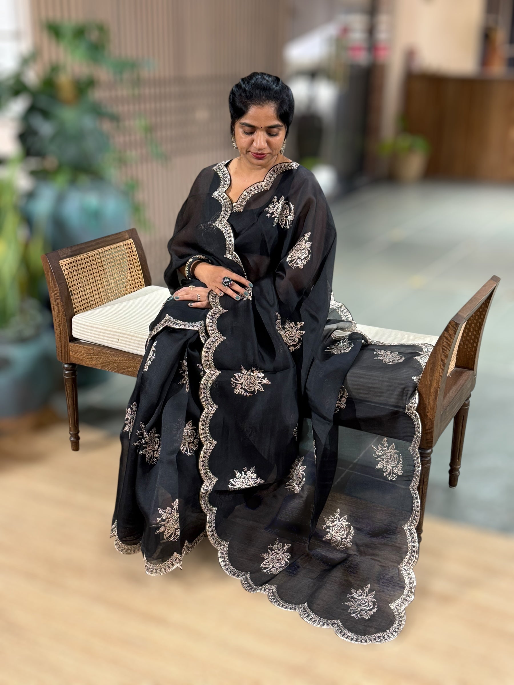 Black Organza Saree With Pita Embroidery