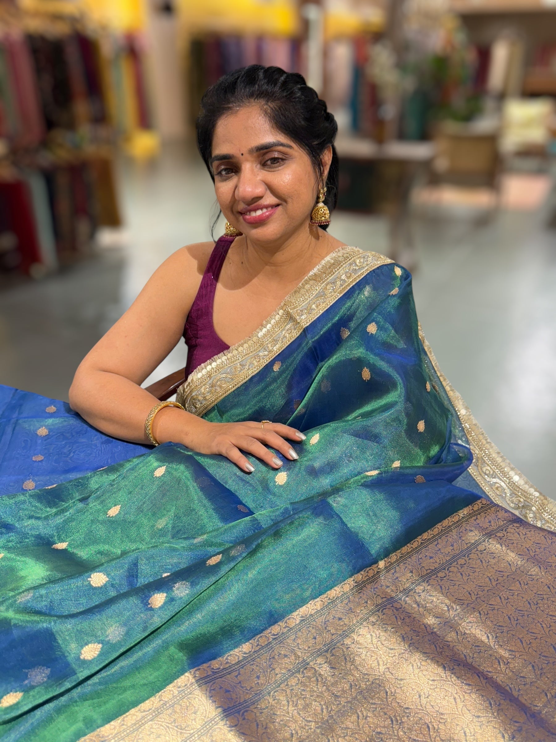 Peacock Bluish Green Pure handloom Banarasi Tissue saree