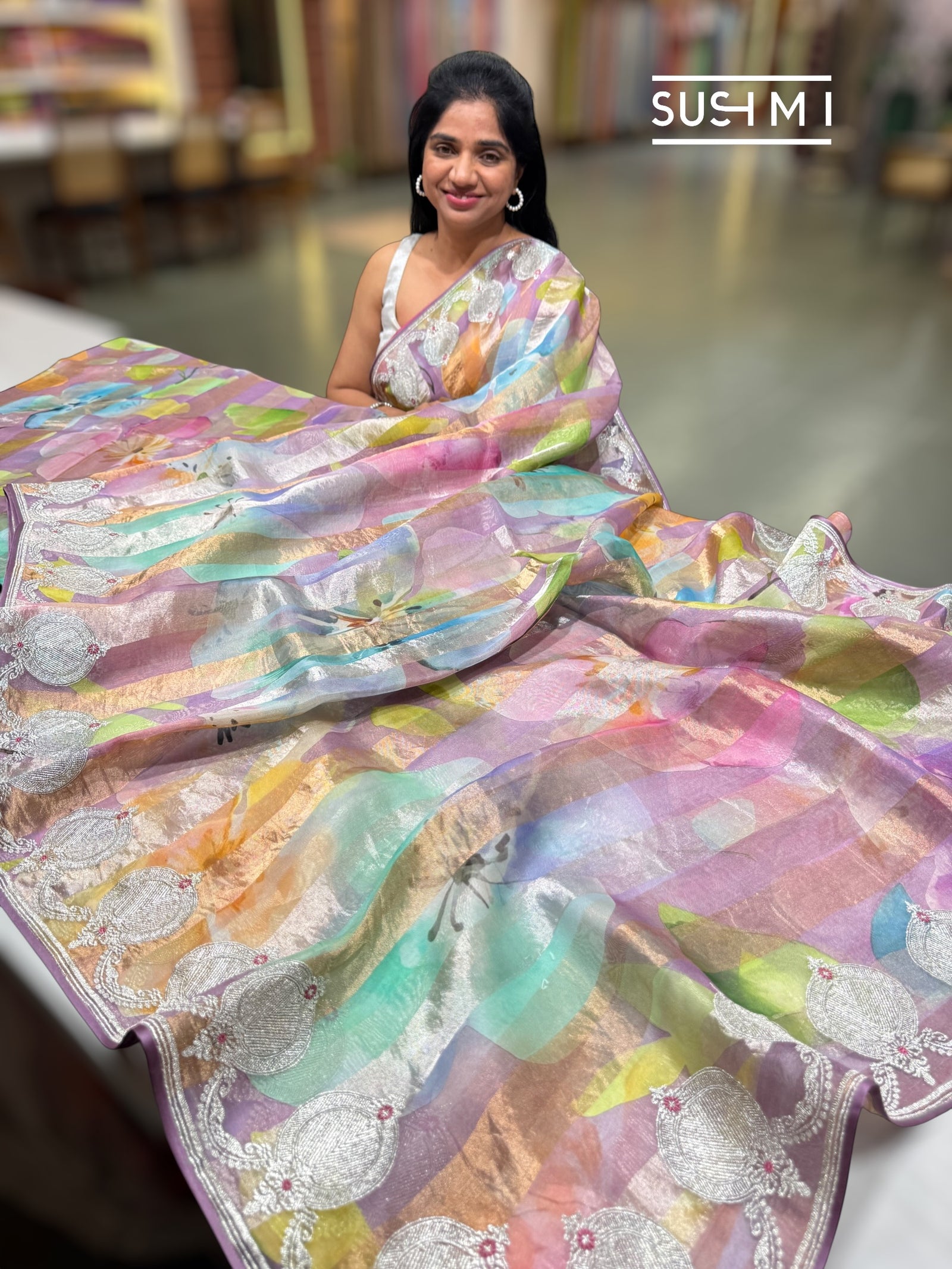 Lilac Printed Organza Tissue stripes saree with embroidery : SM075