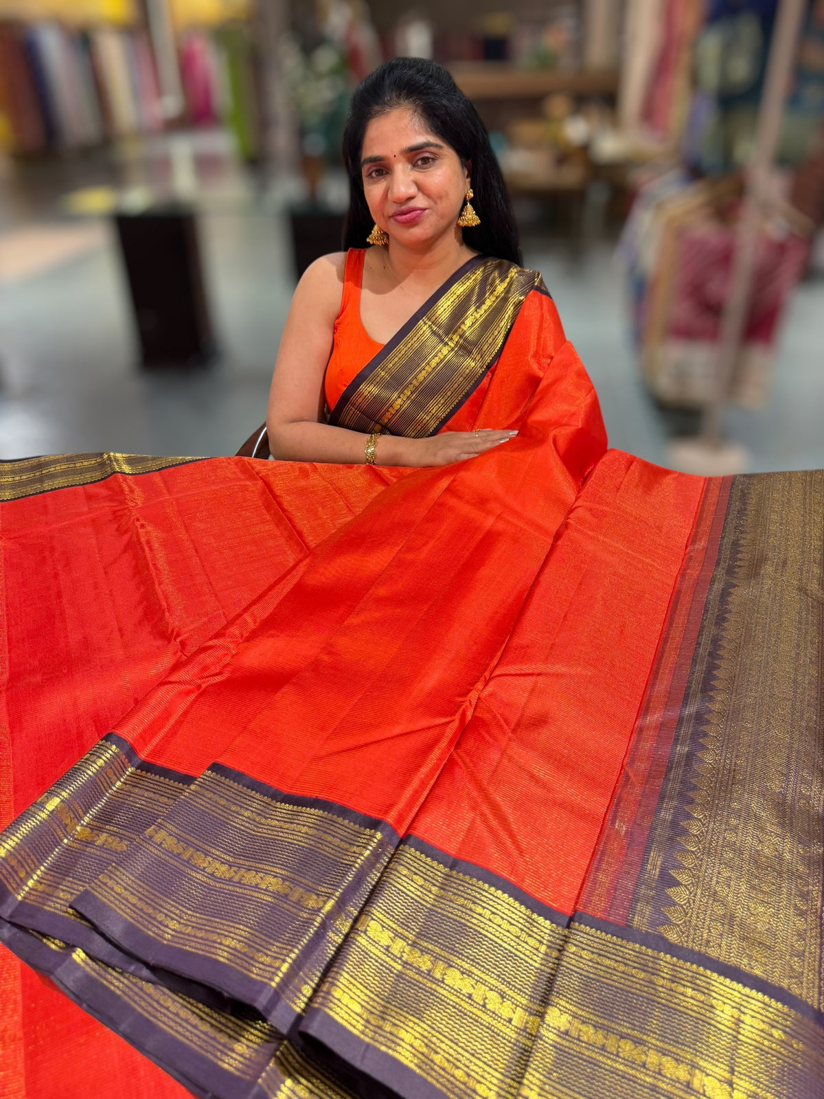 Orange & Dark Brown Combo Vaira Oosi Stripes Vintage Kanjeevaram Saree