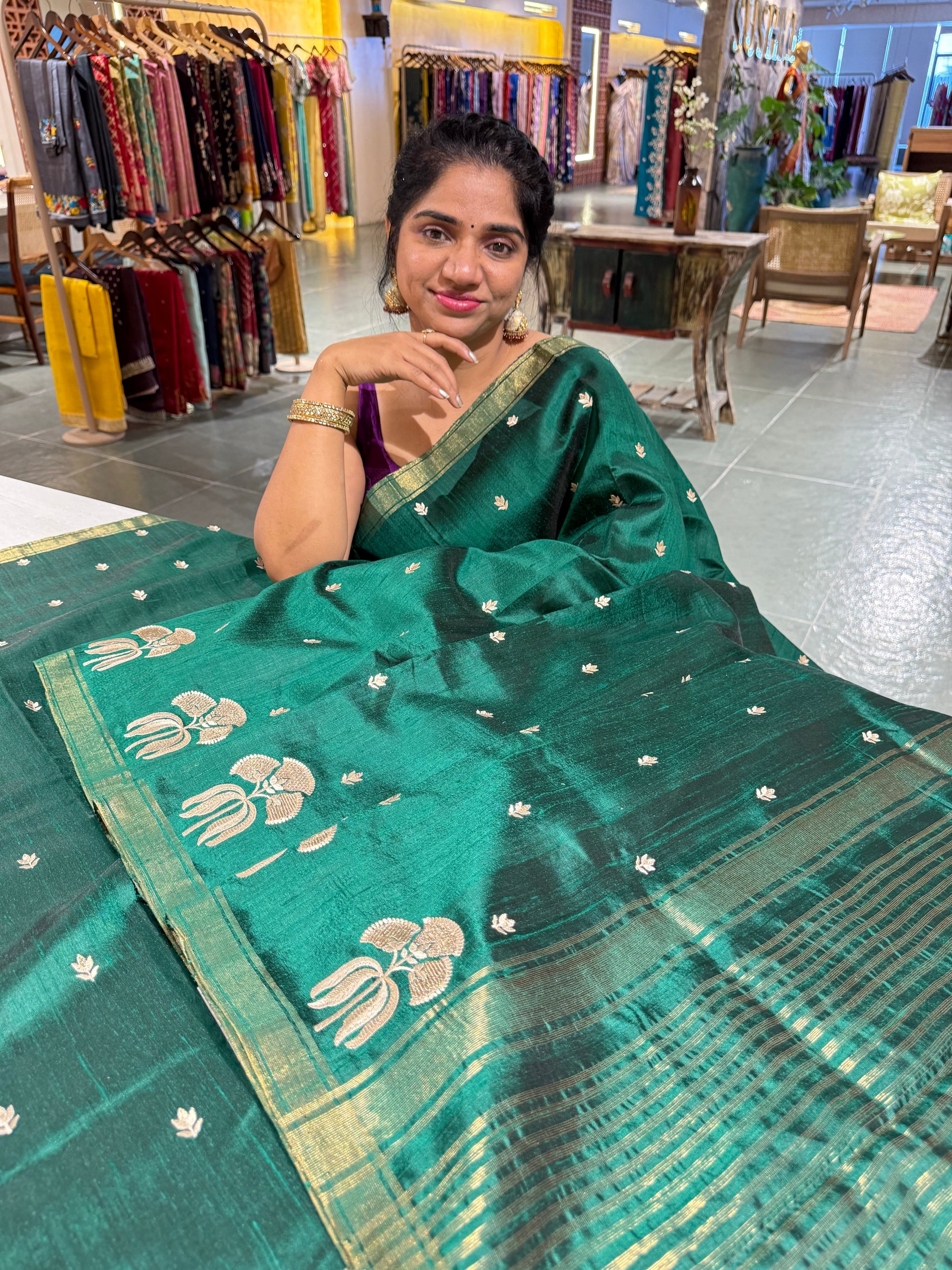 Bottle Green Handloom Raw Silk Saree