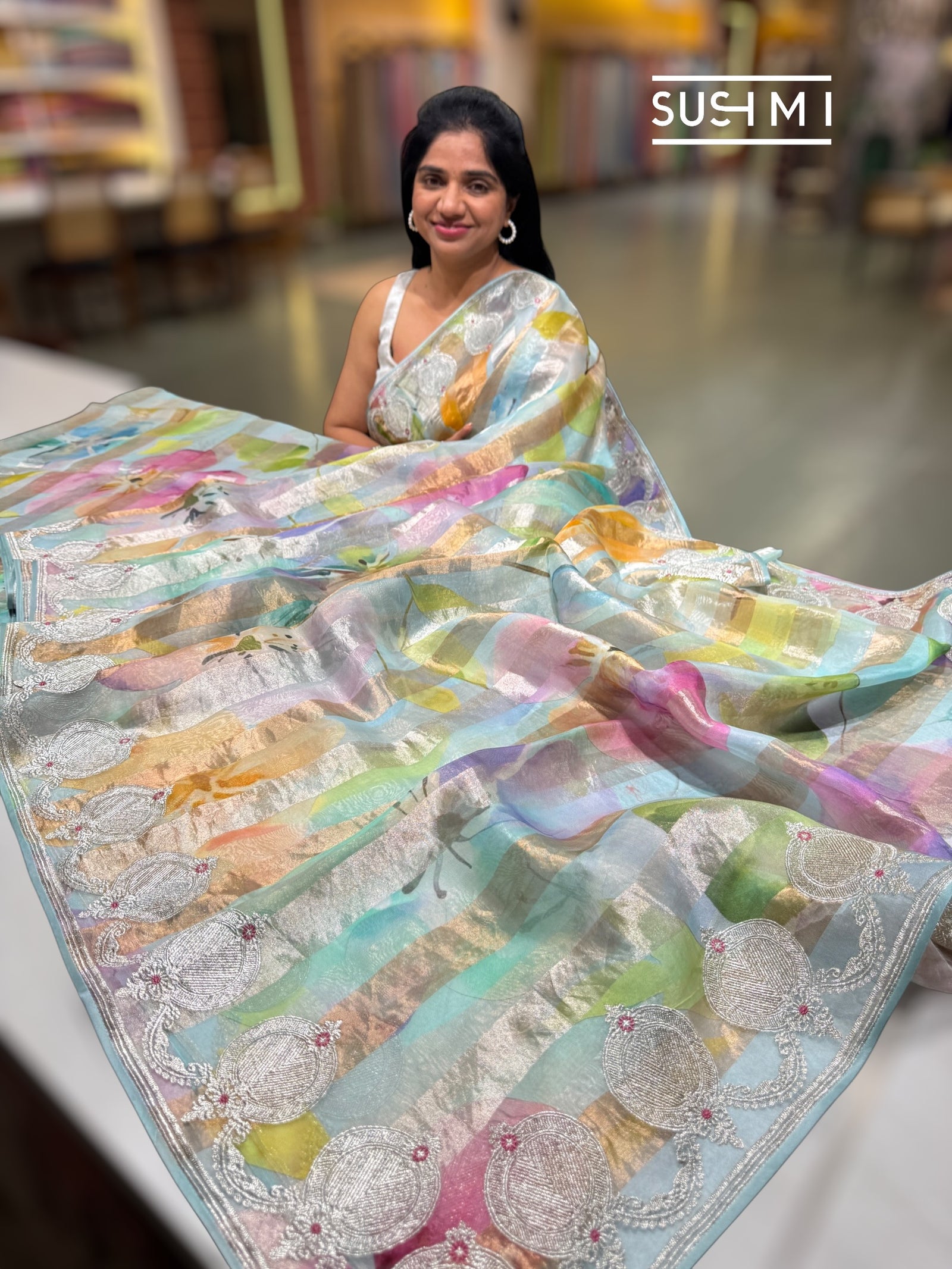 Printed Organza Tissue stripes saree with embroidery : SM074