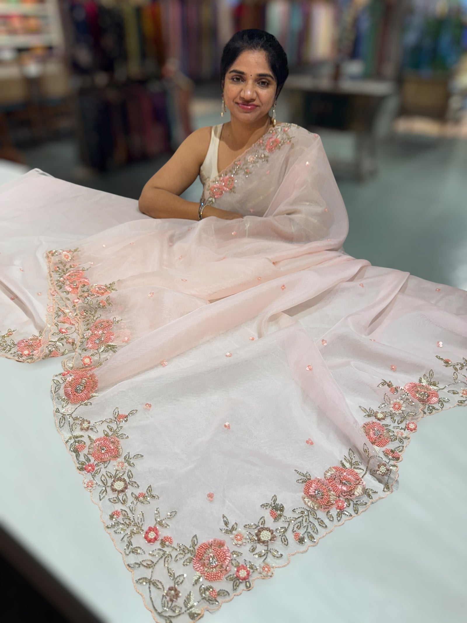 Pink Organza handwork saree with ready to wear blouse