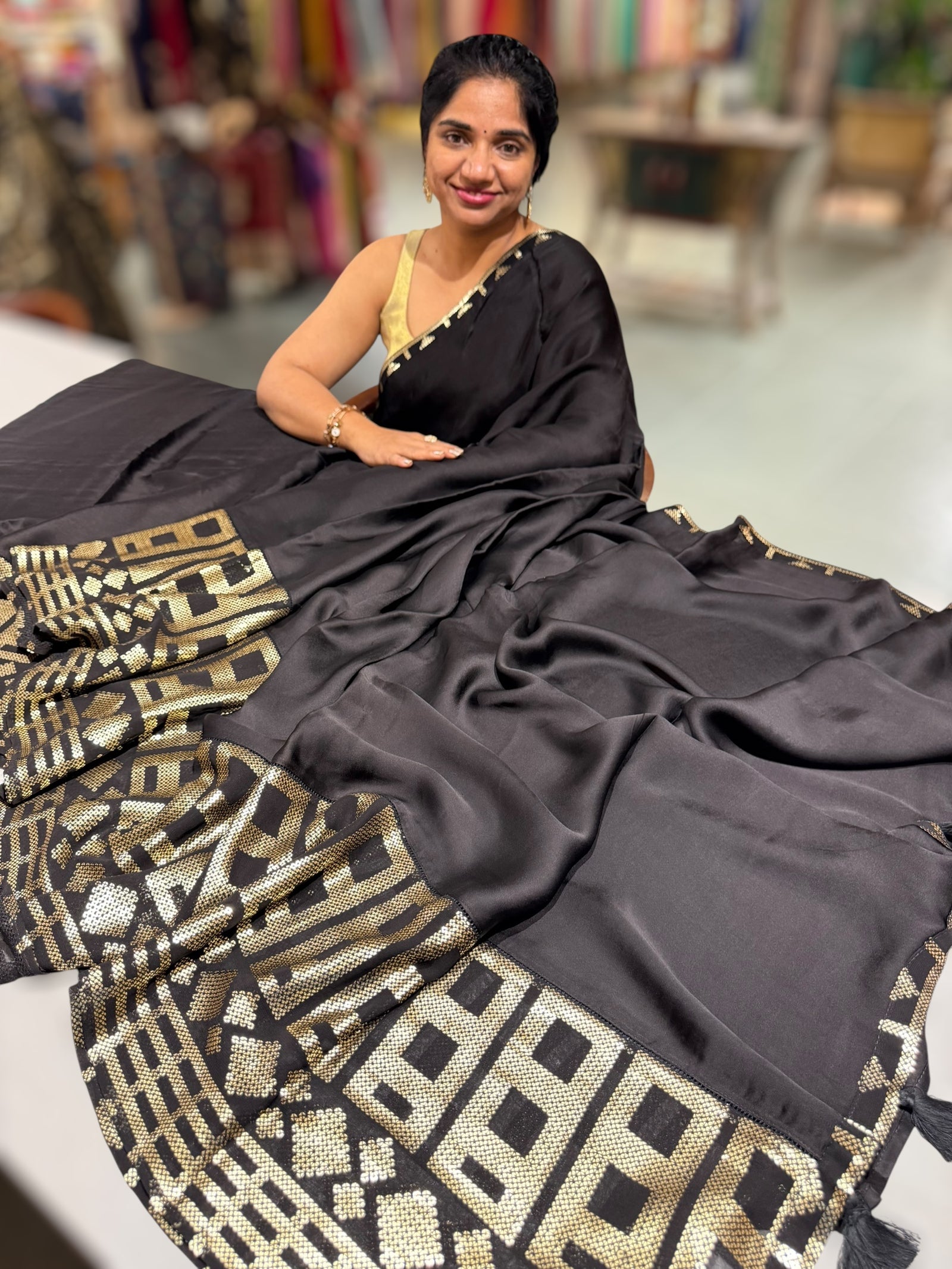 Black pure Satin Saree with designer sequence border and blouse