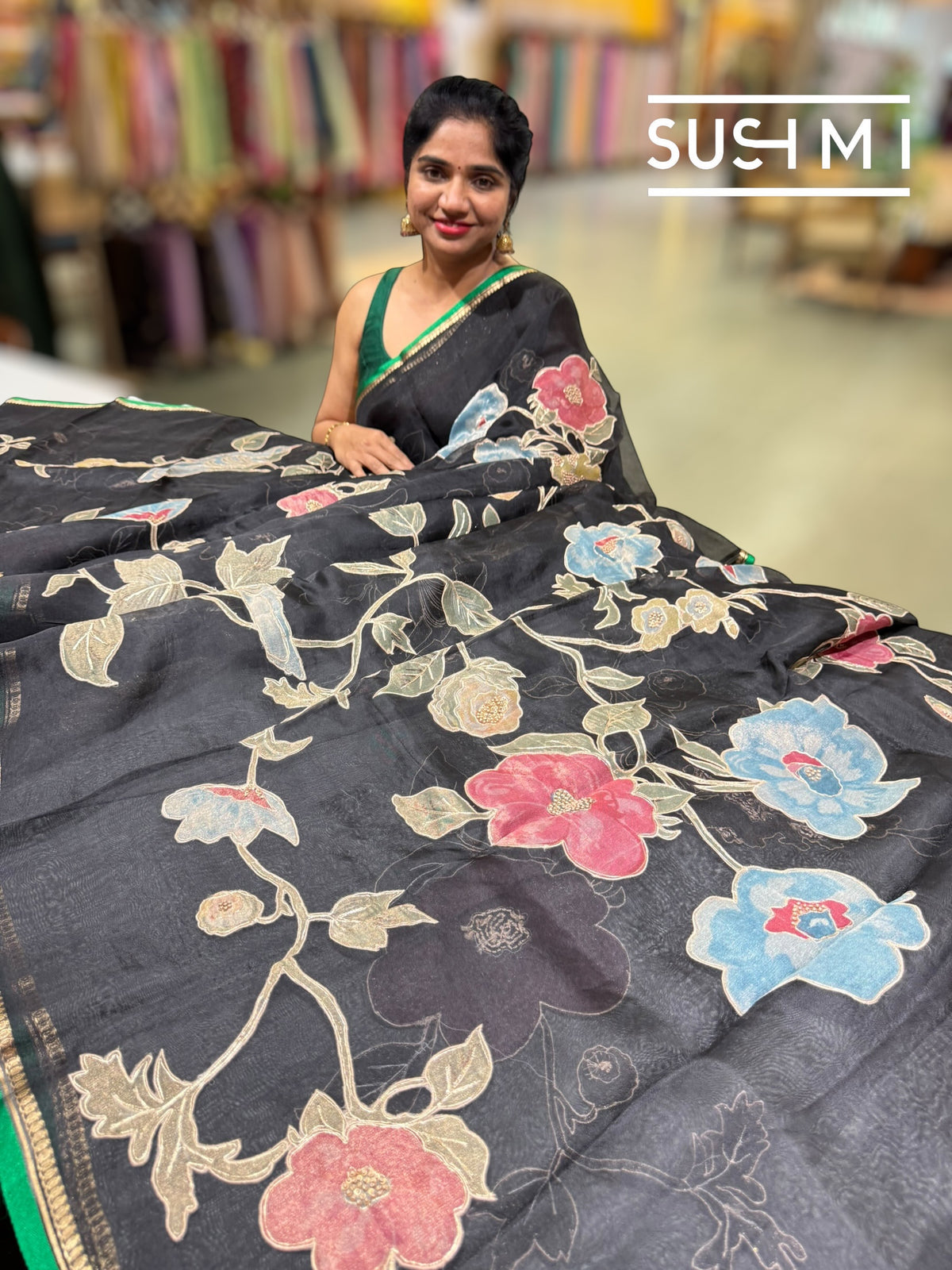 Black Designer Organza with Tissue applique work : S62F094