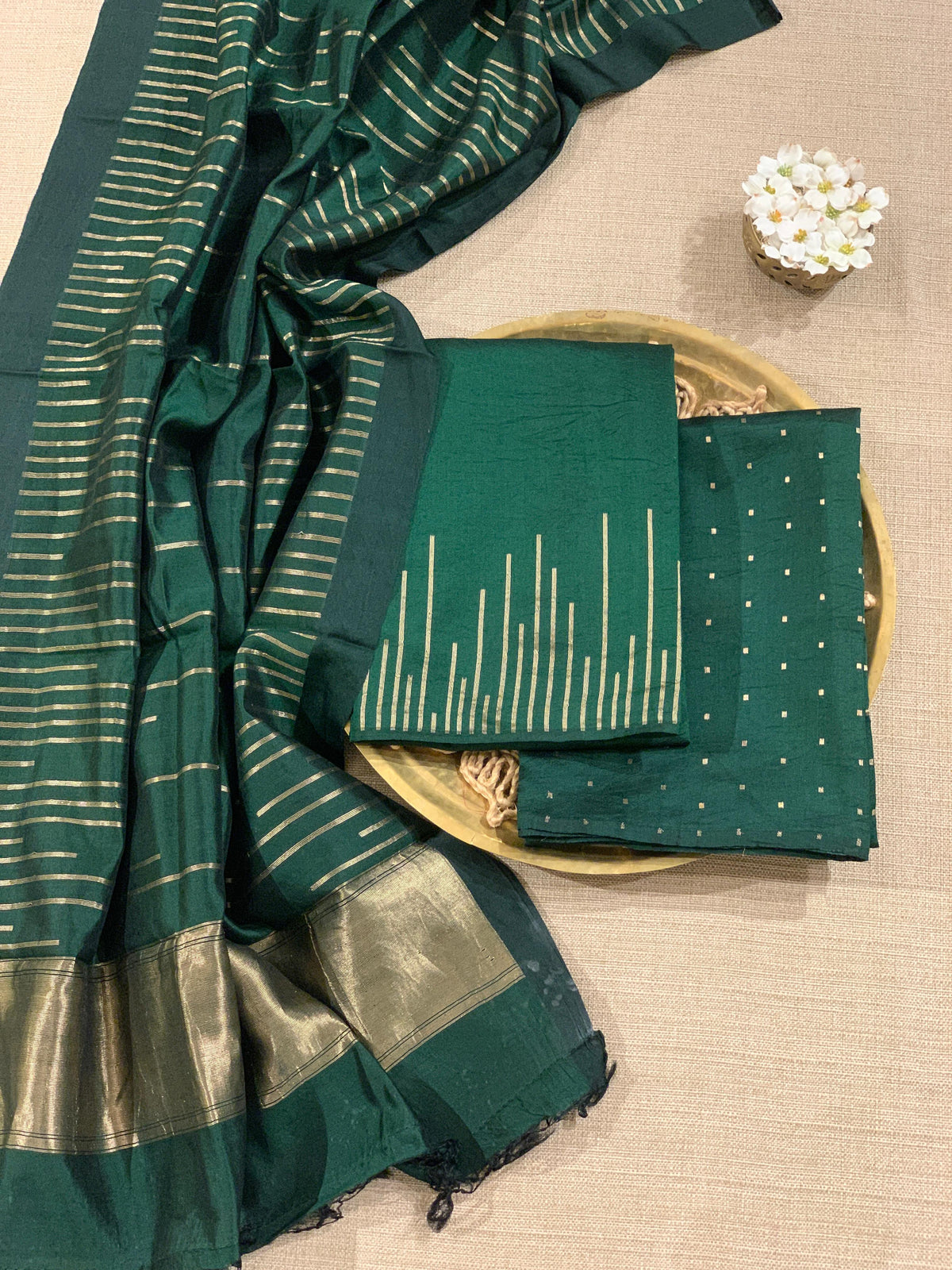 Bottle Green Banarasi Handloom Chiniya Silk 3-pc Suit Set