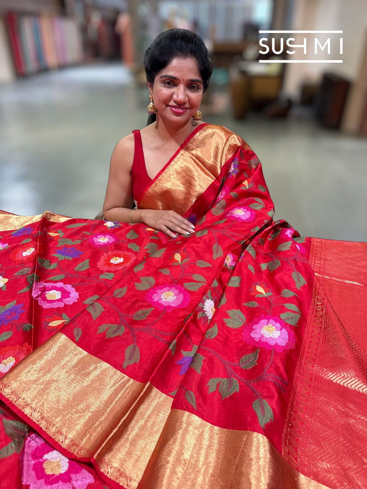 Chilli Red Kanchi Soft Silk Saree with embroidery : S62F177