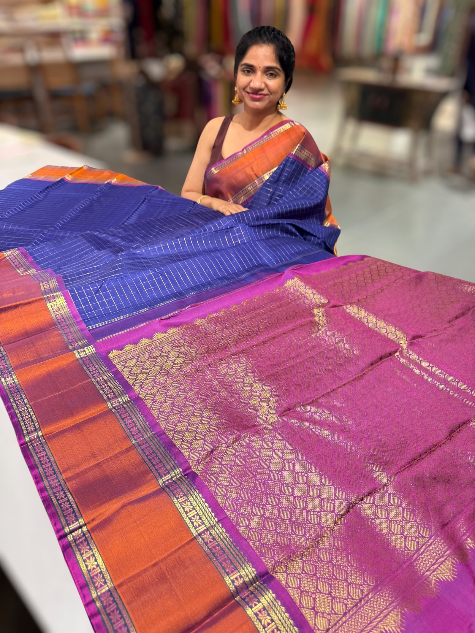 Blue  Kanchi vintage checks saree with Gap Border