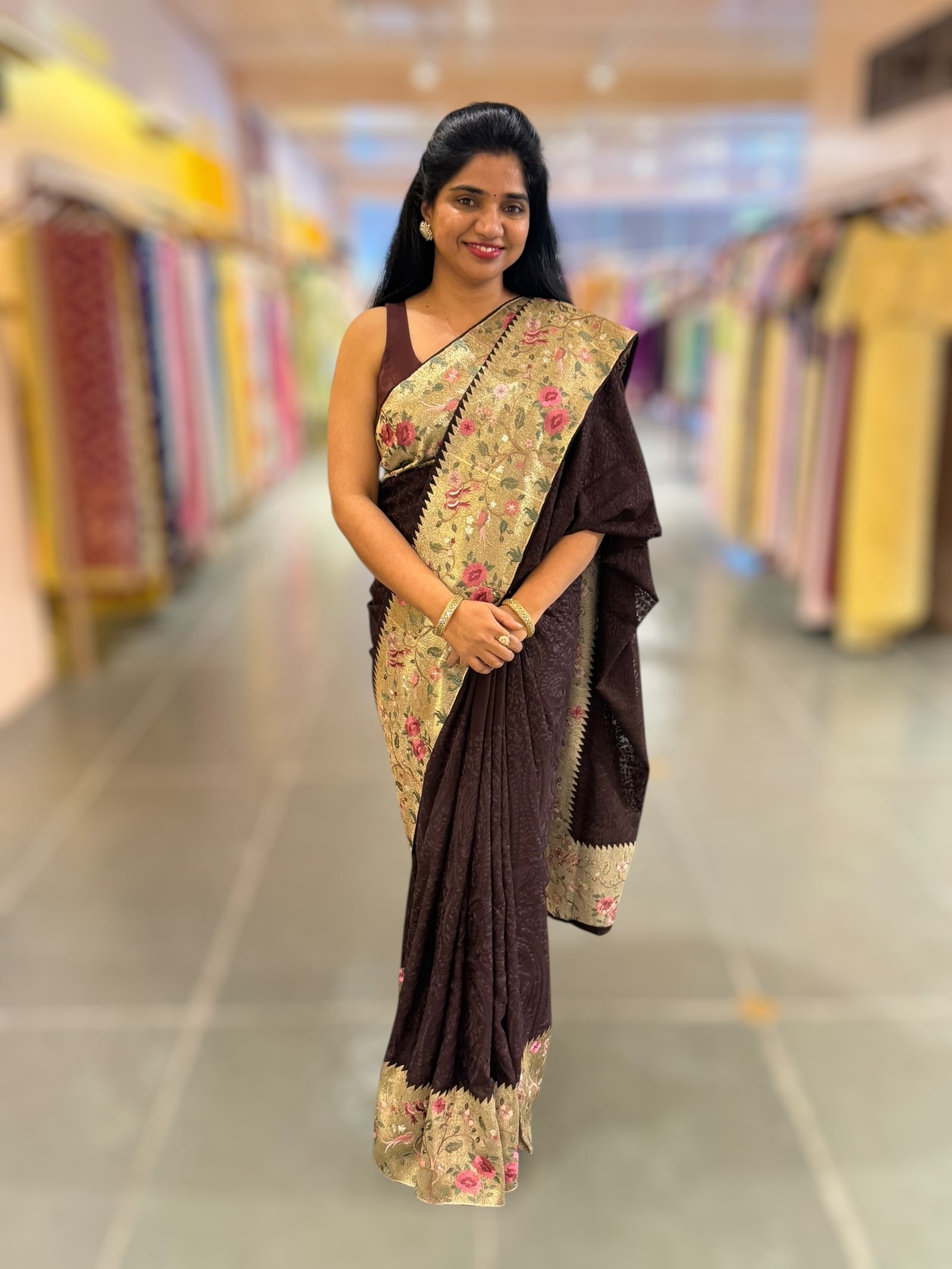 Brown Chikankari Georgette Saree with Tissue embroidered Border