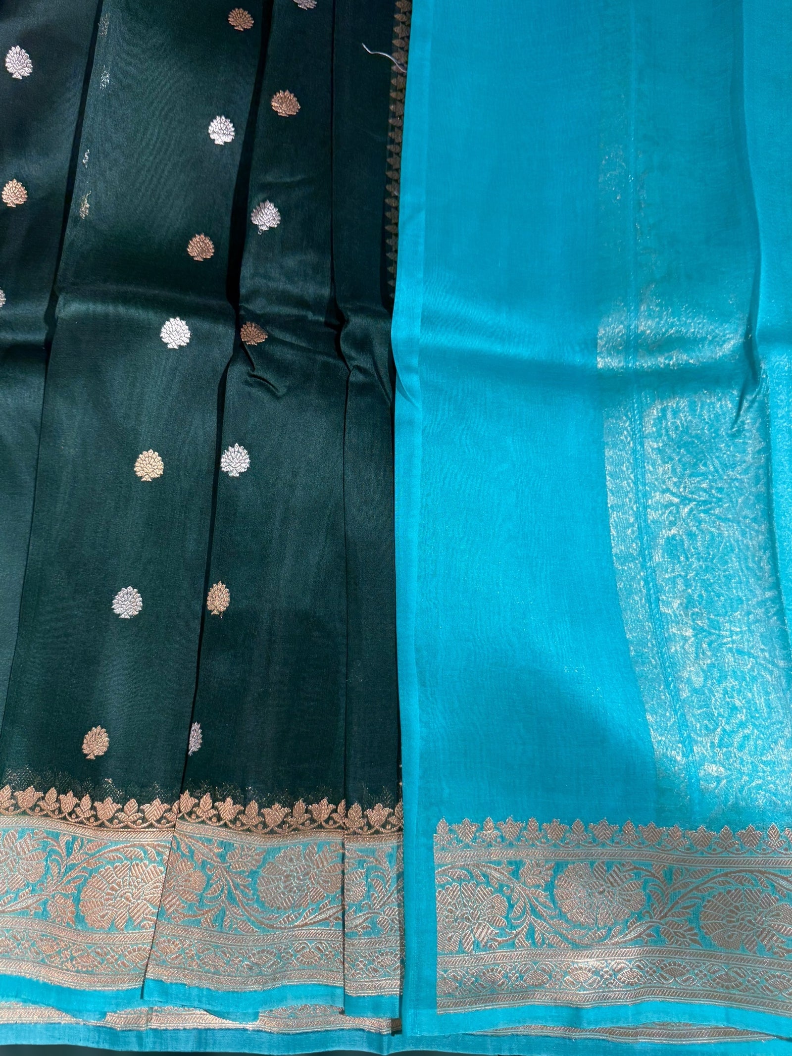 Forest Green & Teal Pure Handloom premium Kora Banarasi Saree