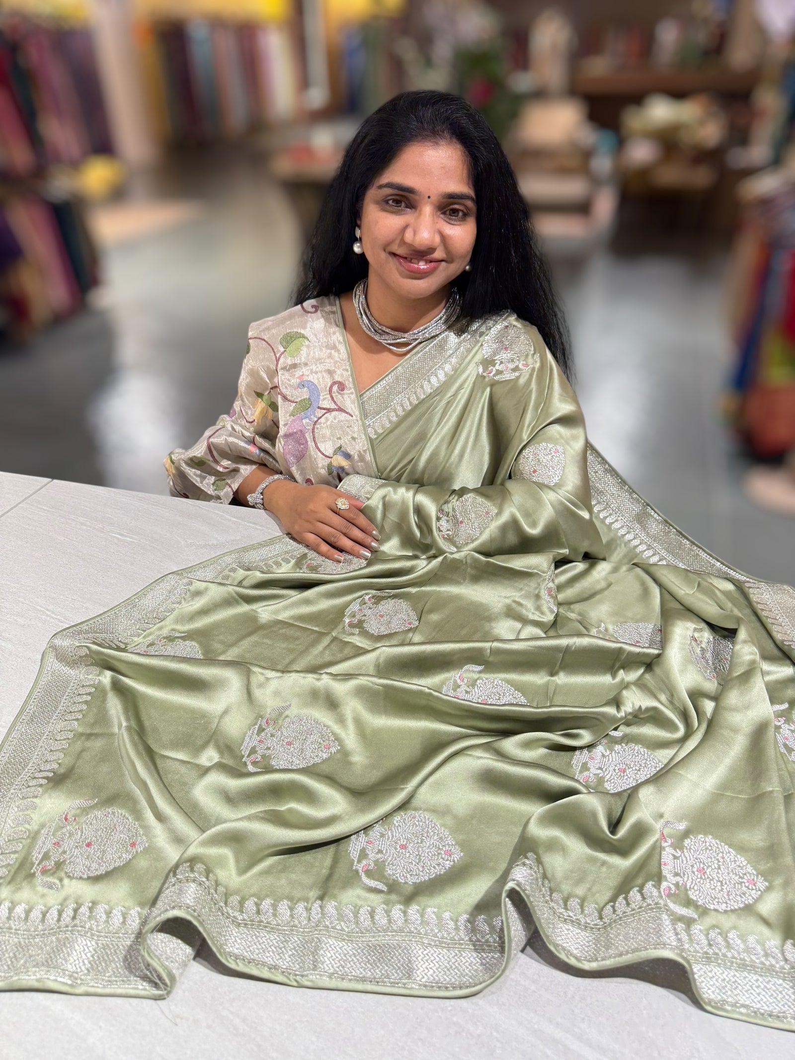 Dark Pista Satin Saree with Embroidery.