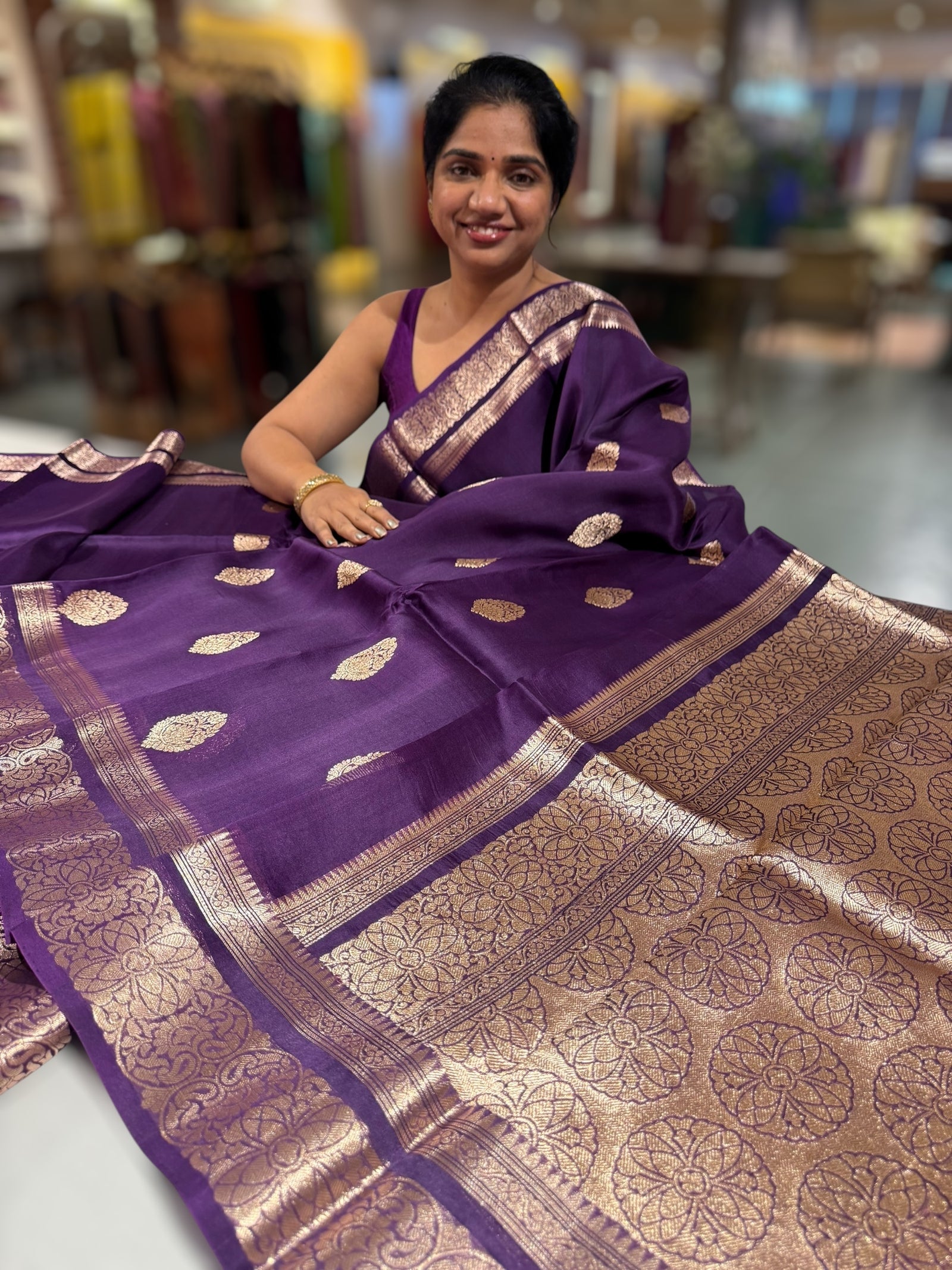 Violet monotone look Kora Banarasi Saree