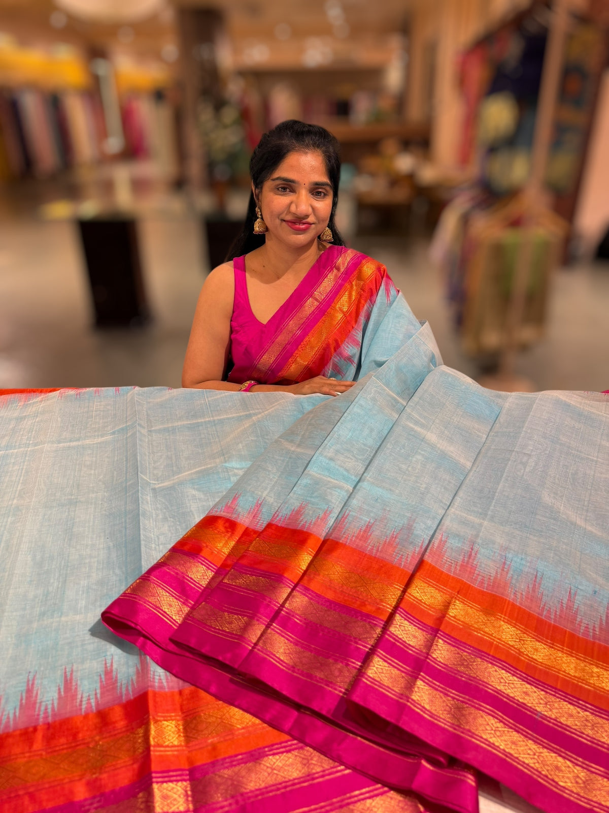 Pastel Blue Ponduru Khadi Tissue  Saree in 80’s Count with Kanchi Style borders