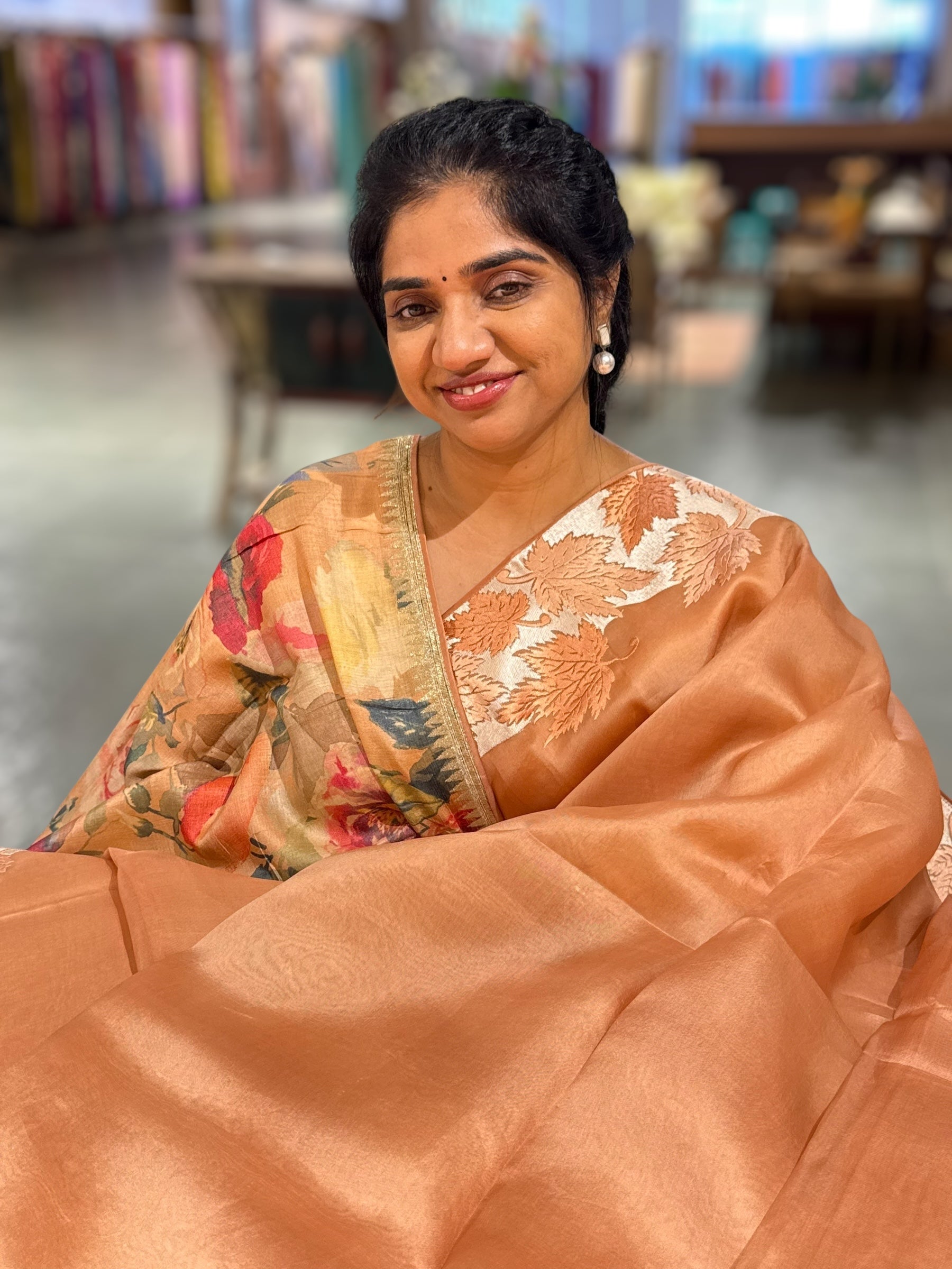 Peach Organza Saree with Stunning Leaf Embroidered Border