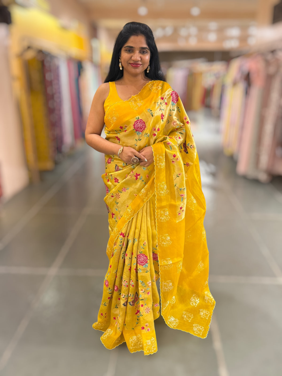 Mango Yellow Premium Handloom Designer Tissue saree with exquisite embroidery