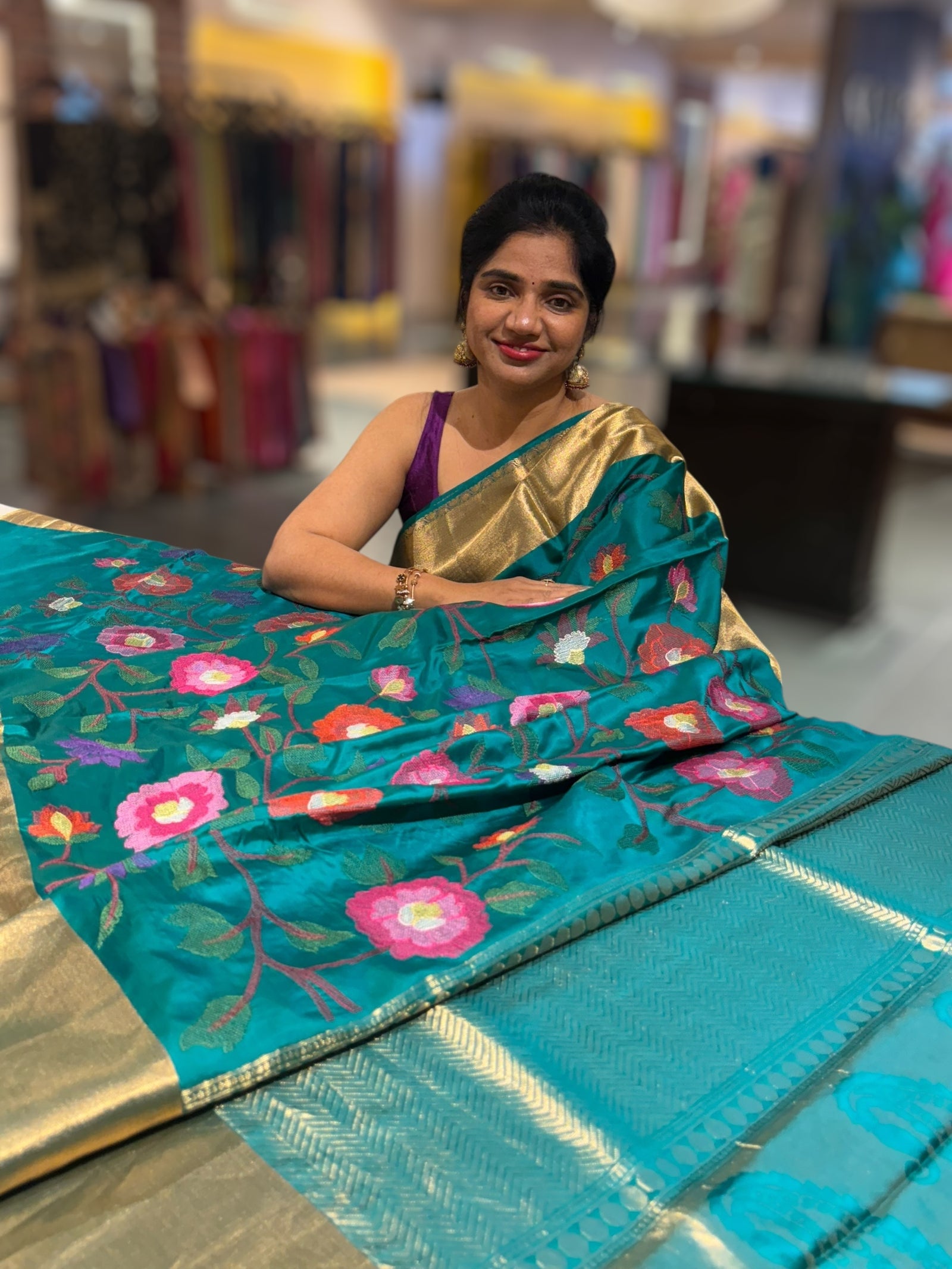 Peacock Green Kanchi Soft Silk Saree with allover jamdani inspired embroidery
