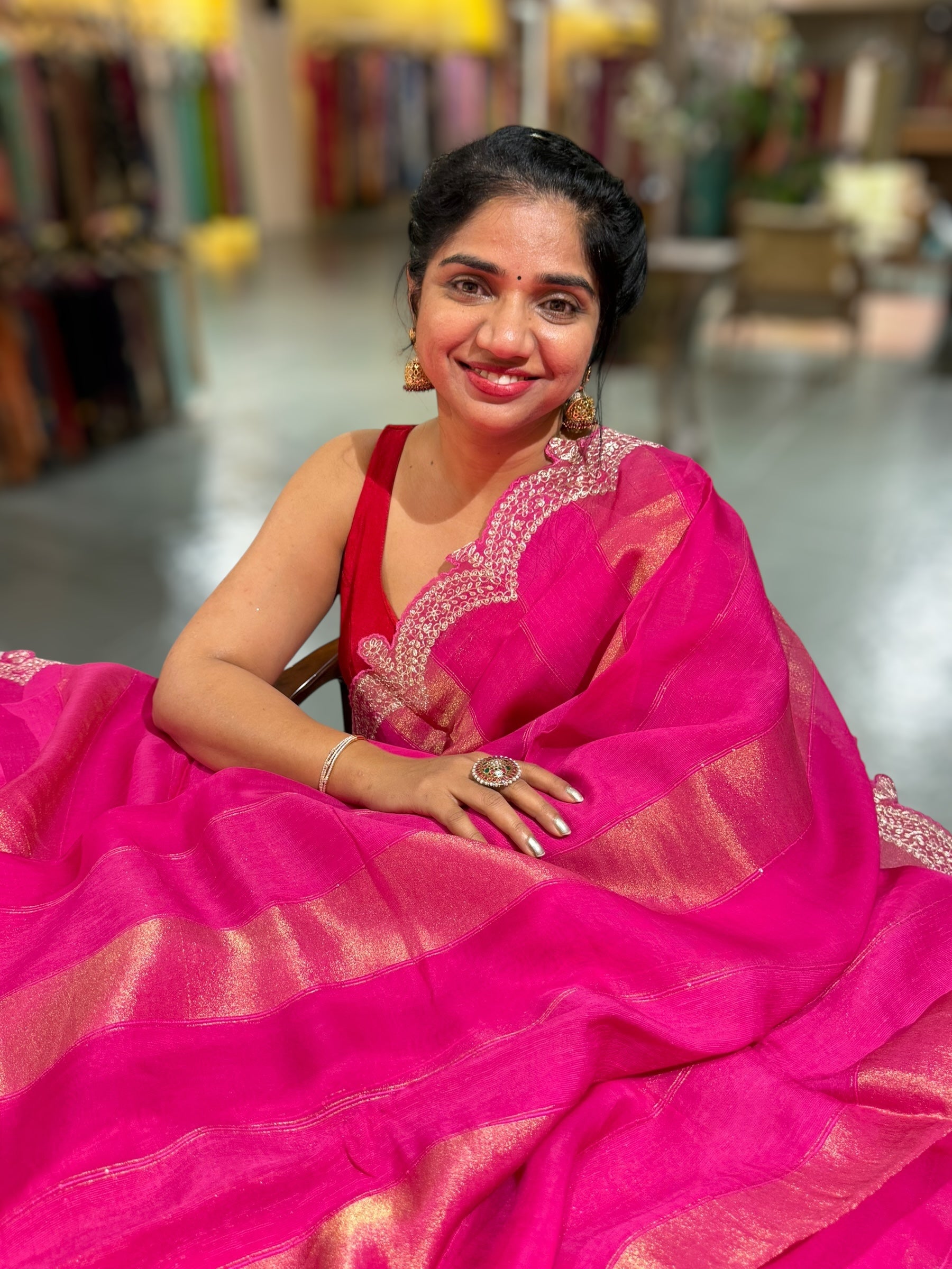 Rani Organza and Tissue stripes Saree with Pita Embroidery