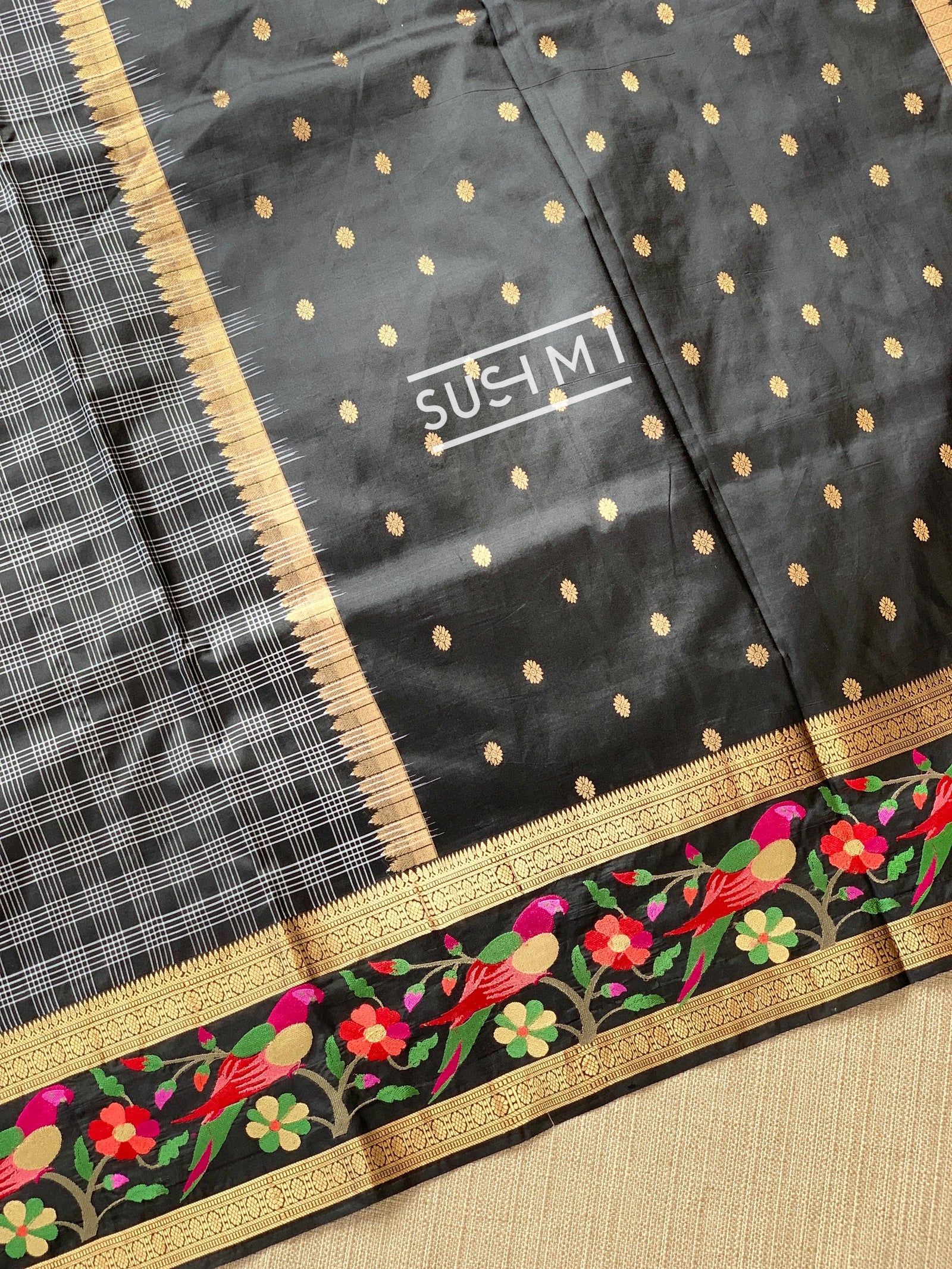 Black Vintage checks Kanjeevaram soft silk saree with embroidery D62F042