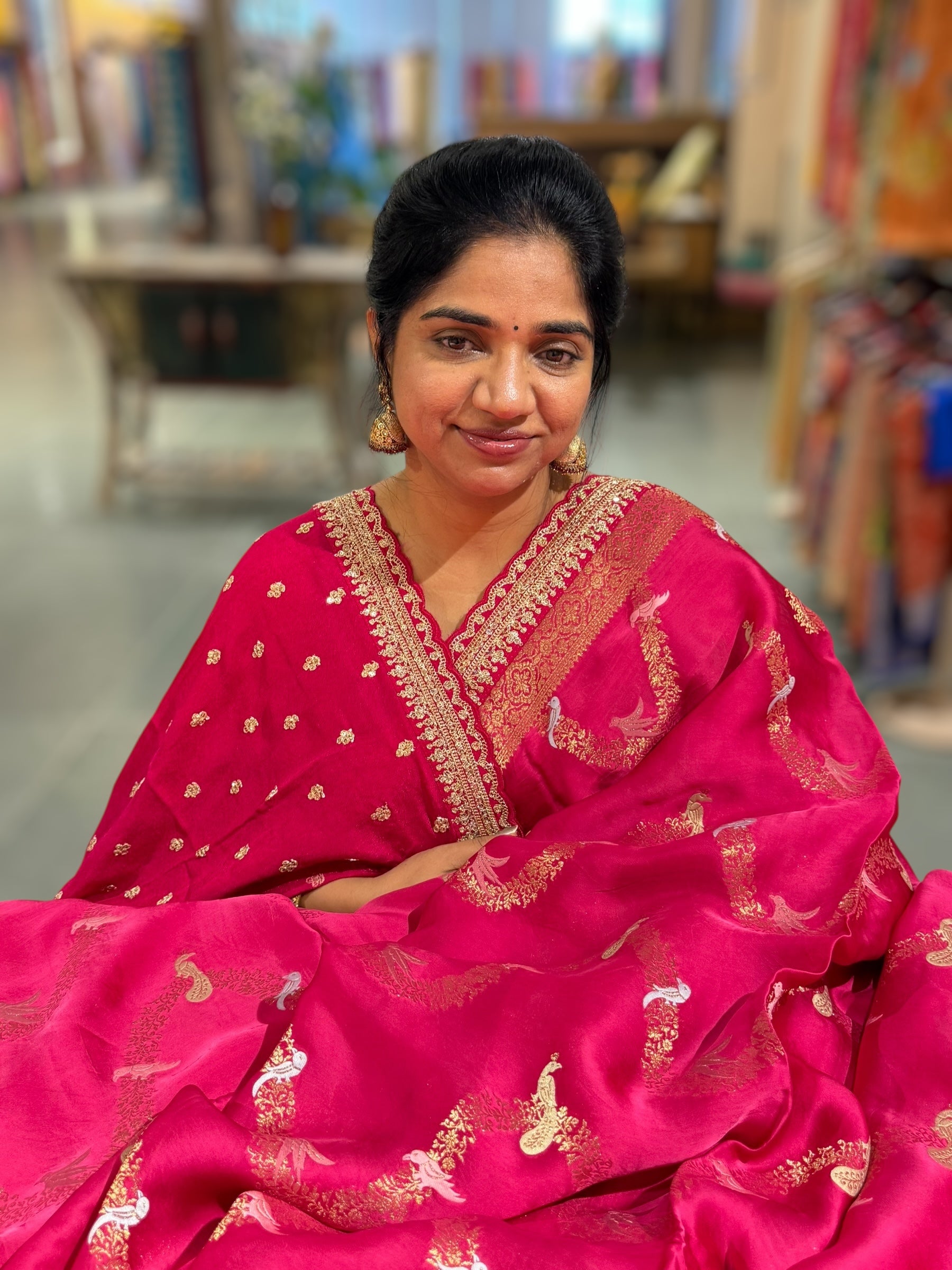 Dark Pink Mashru Silk Saree with allover weaving and Sahbysachi borders and Blouse