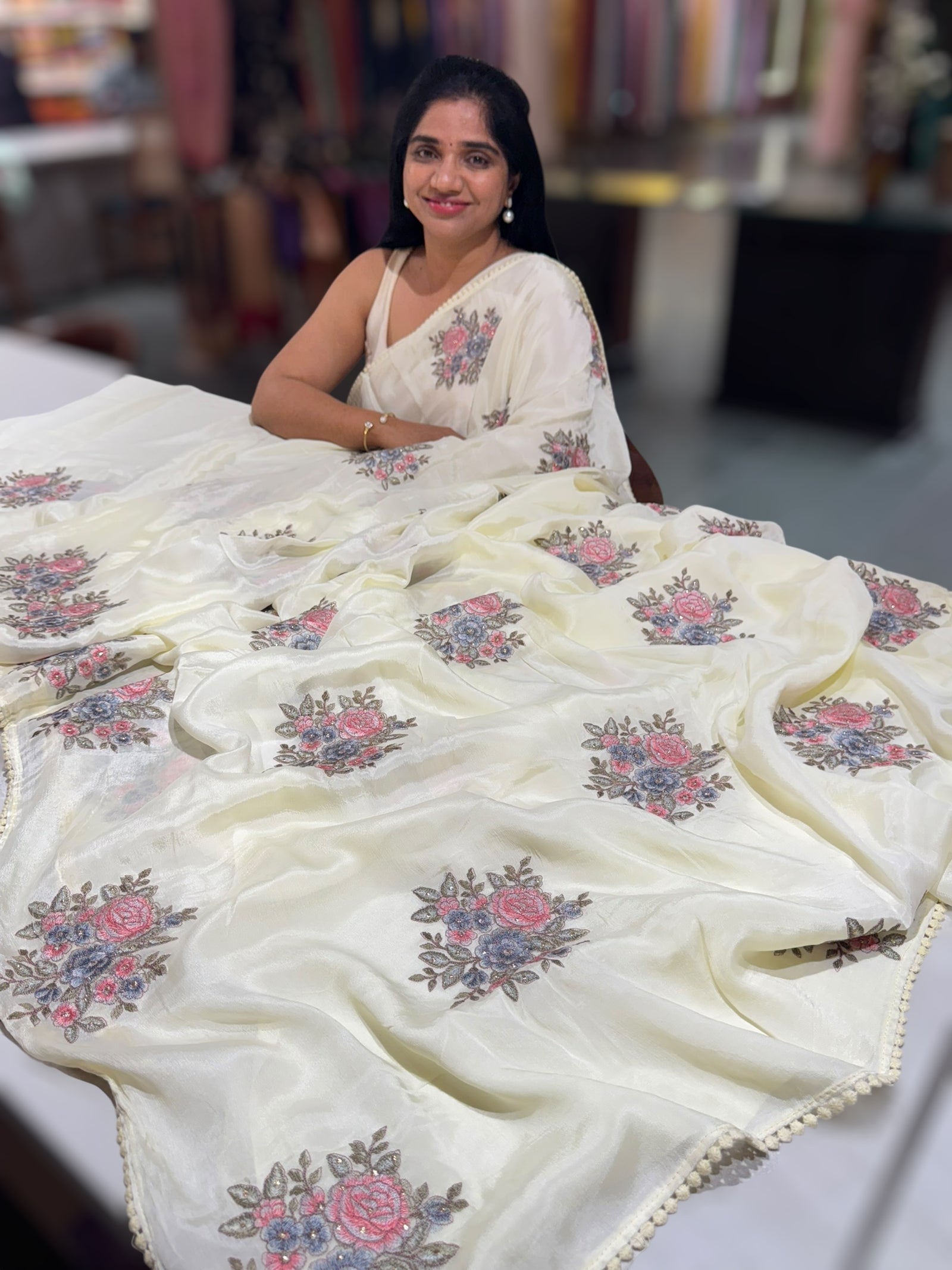 Pastel yellow chinnon with embroidery