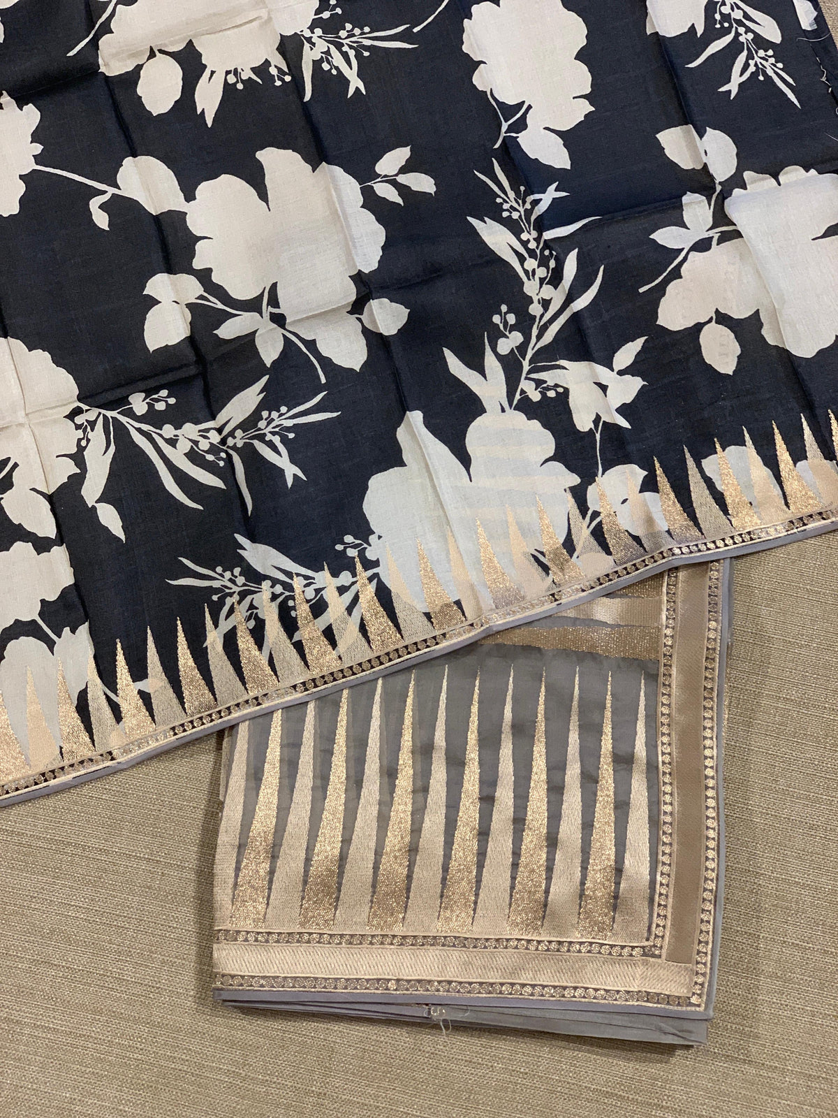 Grey Pure Organza With Temple Embroidered Border & Tussar Printed Blouse