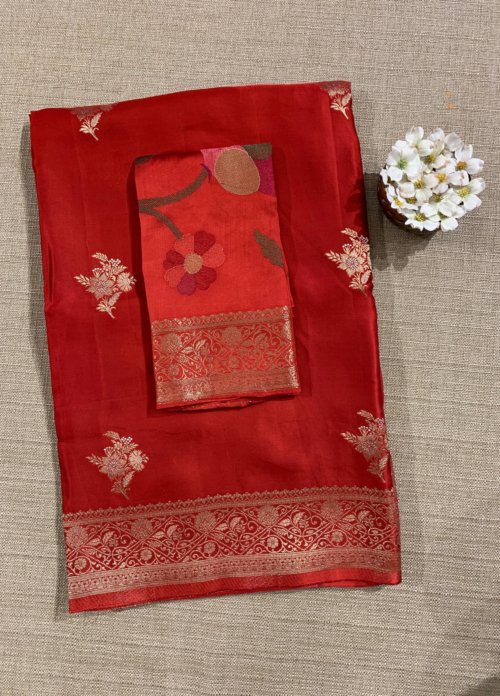 Red Mashru Silk Saree with Paithani inspired embroidered blouse